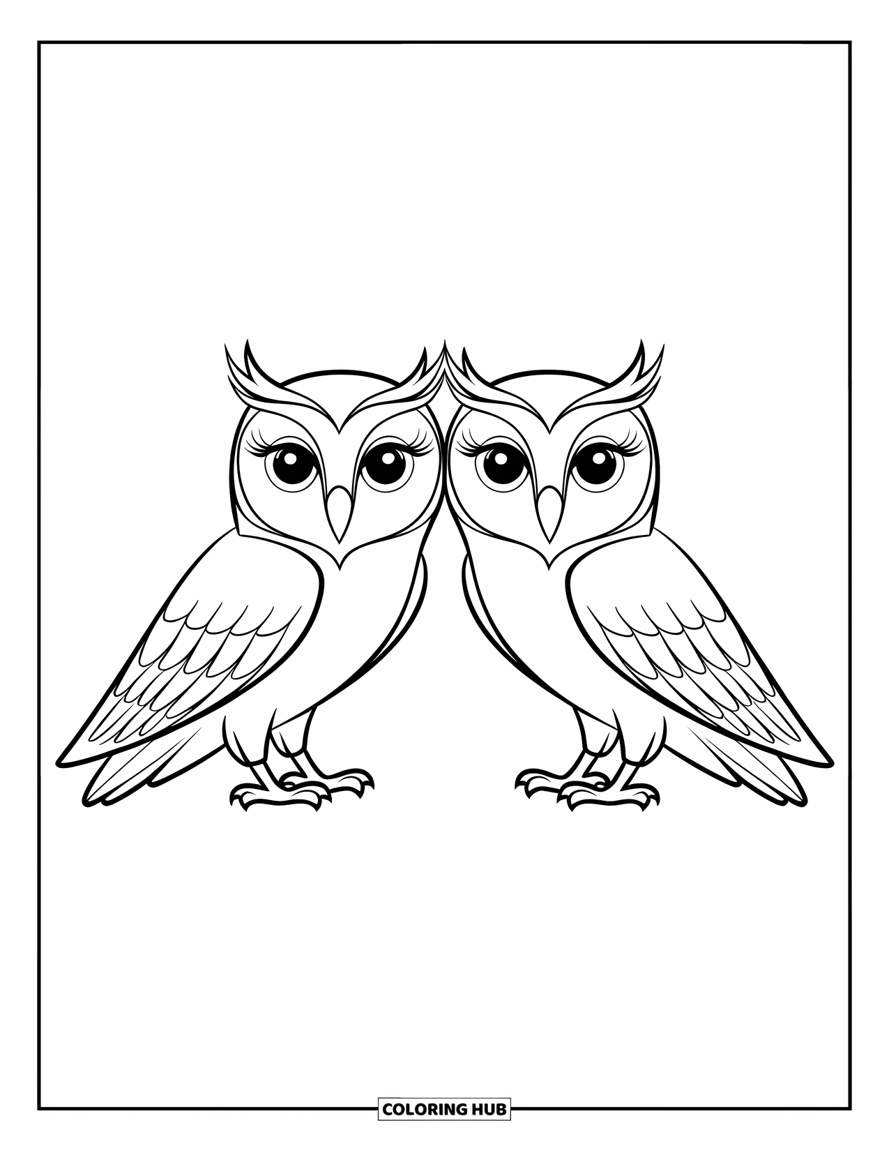 Dibujo de búho para colorear para niños: Un par de búhos uno al lado del otro, cada uno con alas detalladas y plumas estampadas