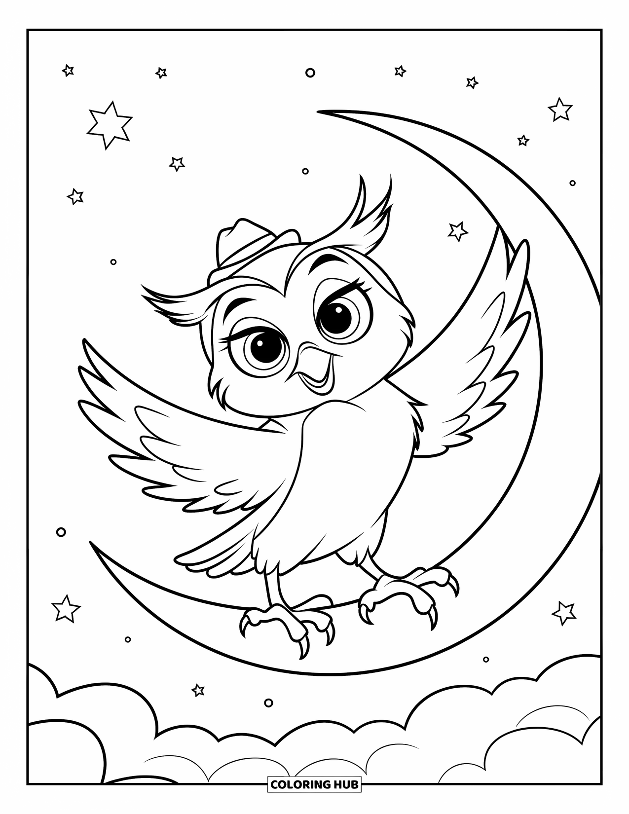 Dibujo de búho para colorear para niños: Un búho juguetón en una luna creciente, con un sombrero pequeño, contra un cielo estrellado