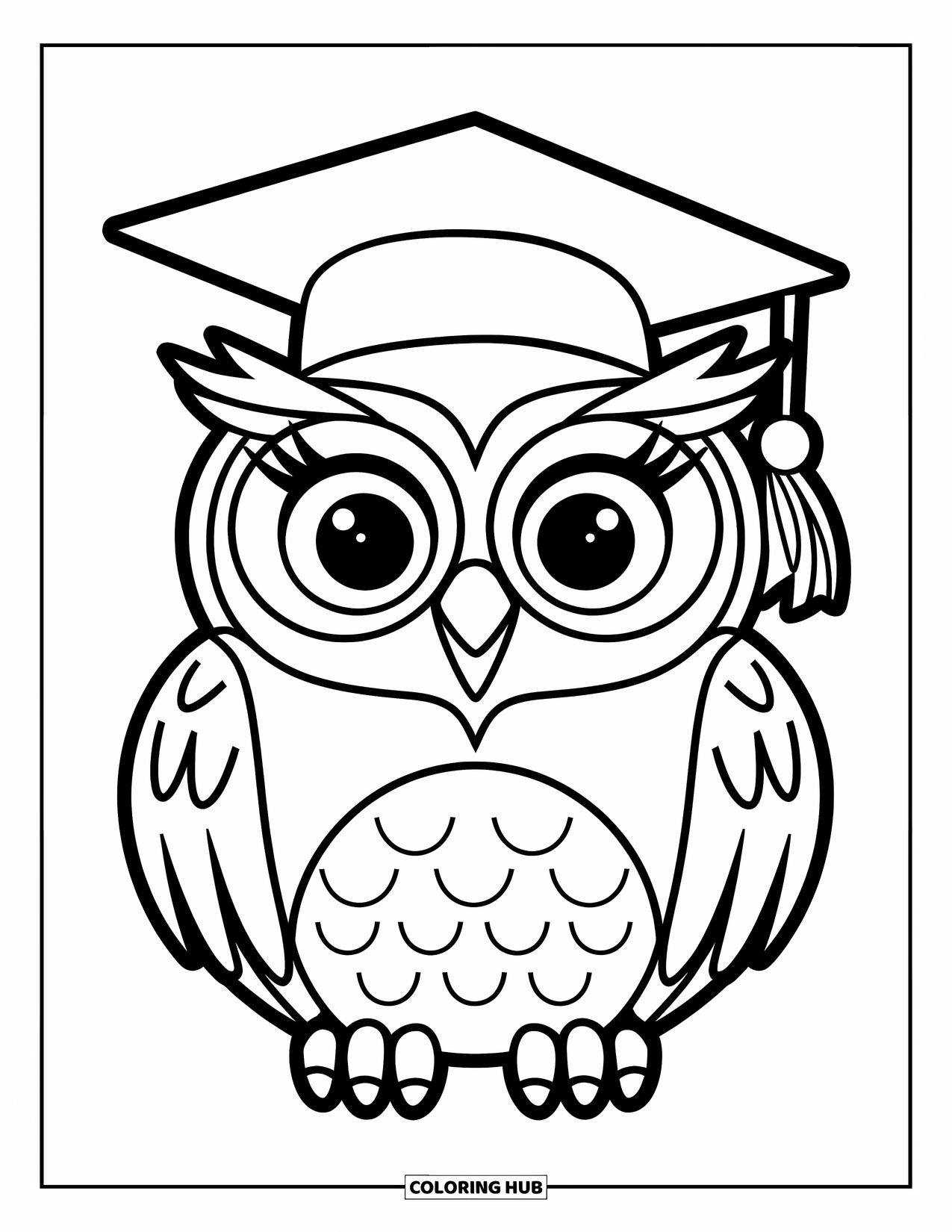 Dibujo de búho para colorear para niños: Un búho juguetón con un birrete de graduación, con contornos limpios y audaces para preescolares