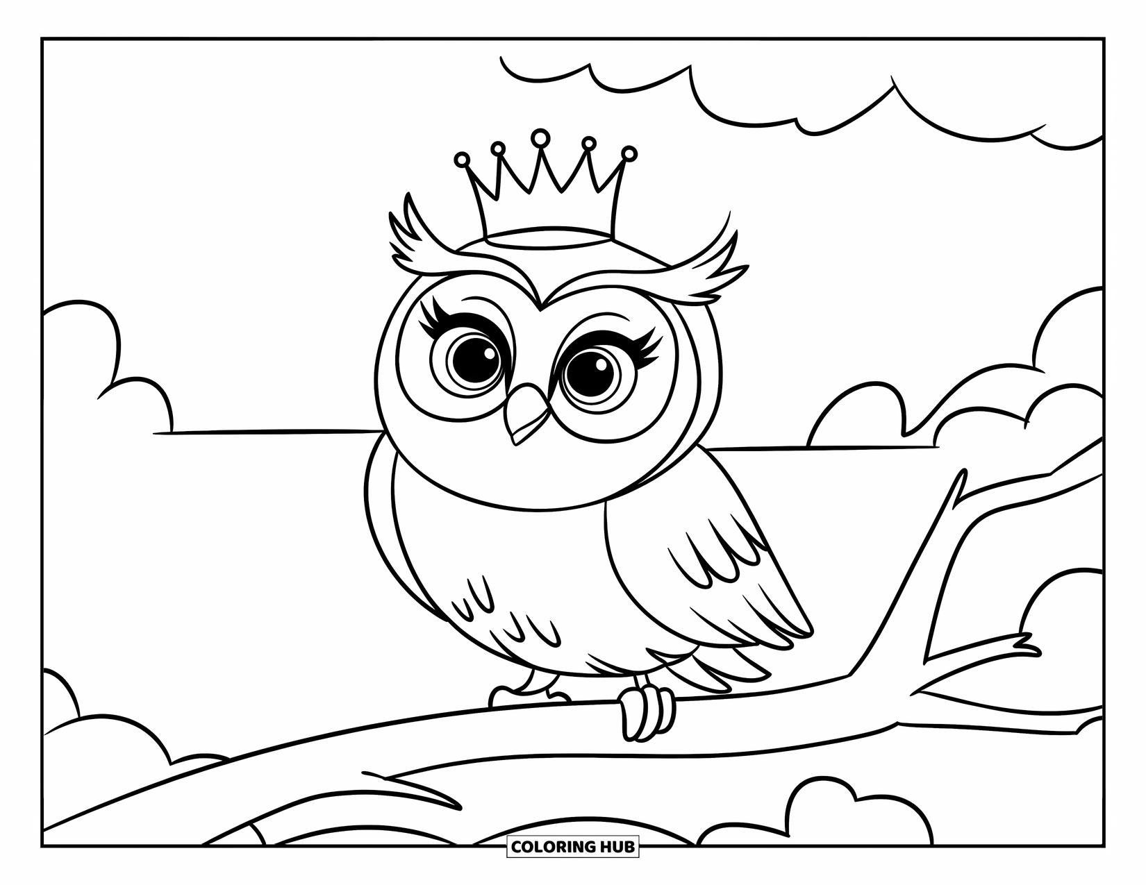 Dibujo de búho para colorear para niños: Un búho redondo con una corona pequeña, posado en una rama en un espacio abierto con contornos limpios