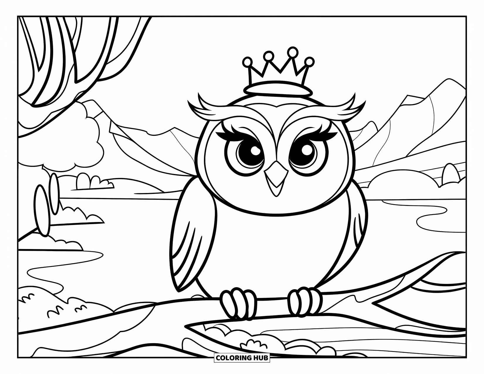 Dibujo de búho para colorear para niños: Un búho redondo con una corona, sentado en una rama con montañas, árboles y agua al fondo
