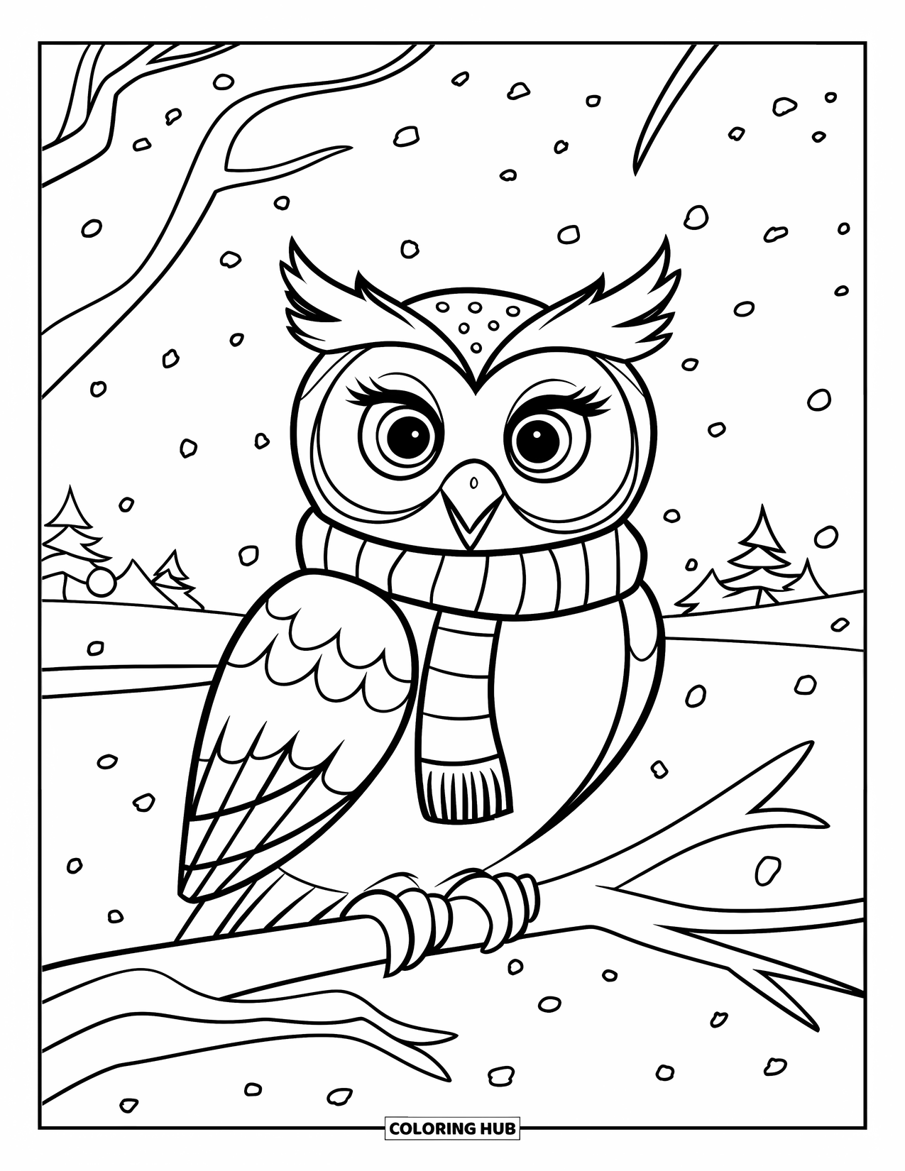 Dibujo de búho para colorear para niños: Un búho invernal con una bufanda en una rama, rodeado de nieve y árboles distantes