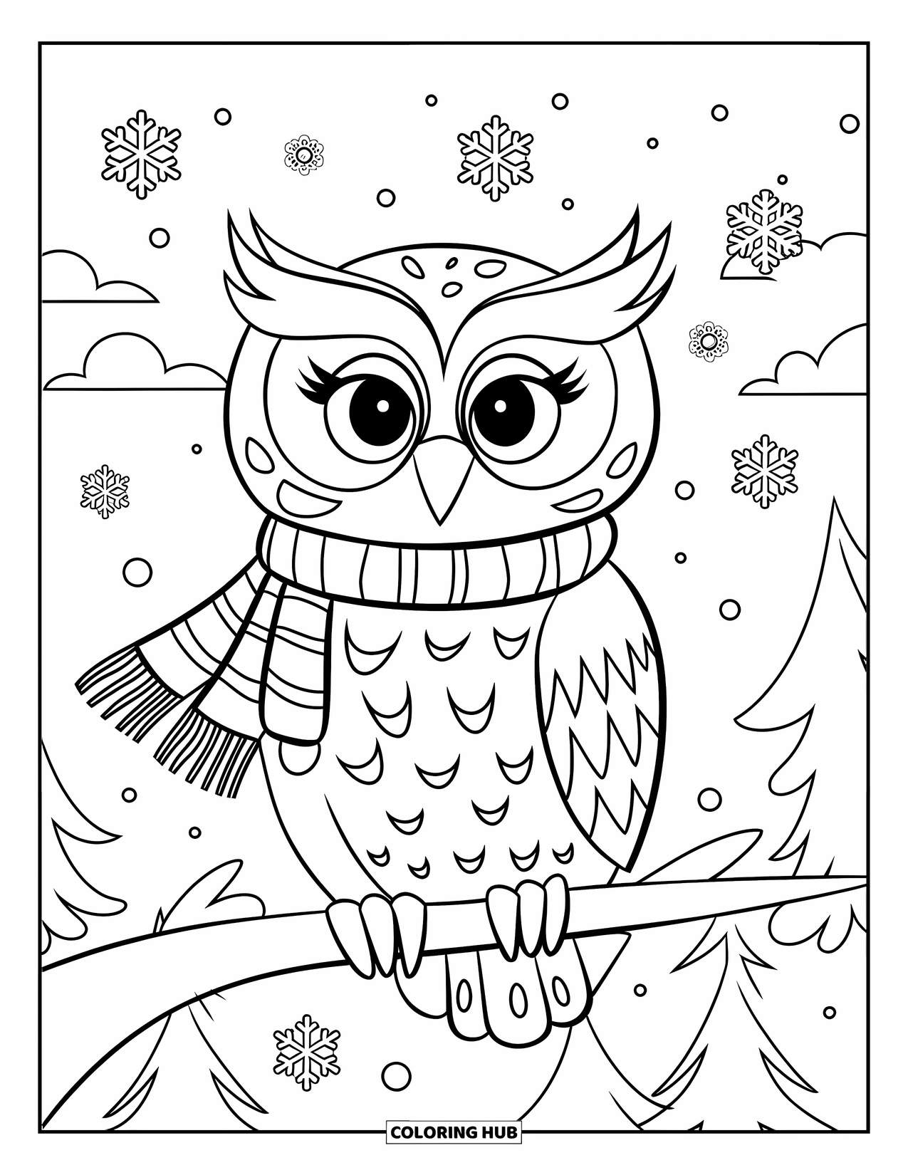 Dibujo de búho para colorear para niños: Un búho invernal con una bufanda posado en una rama con copos de nieve y un cielo azul