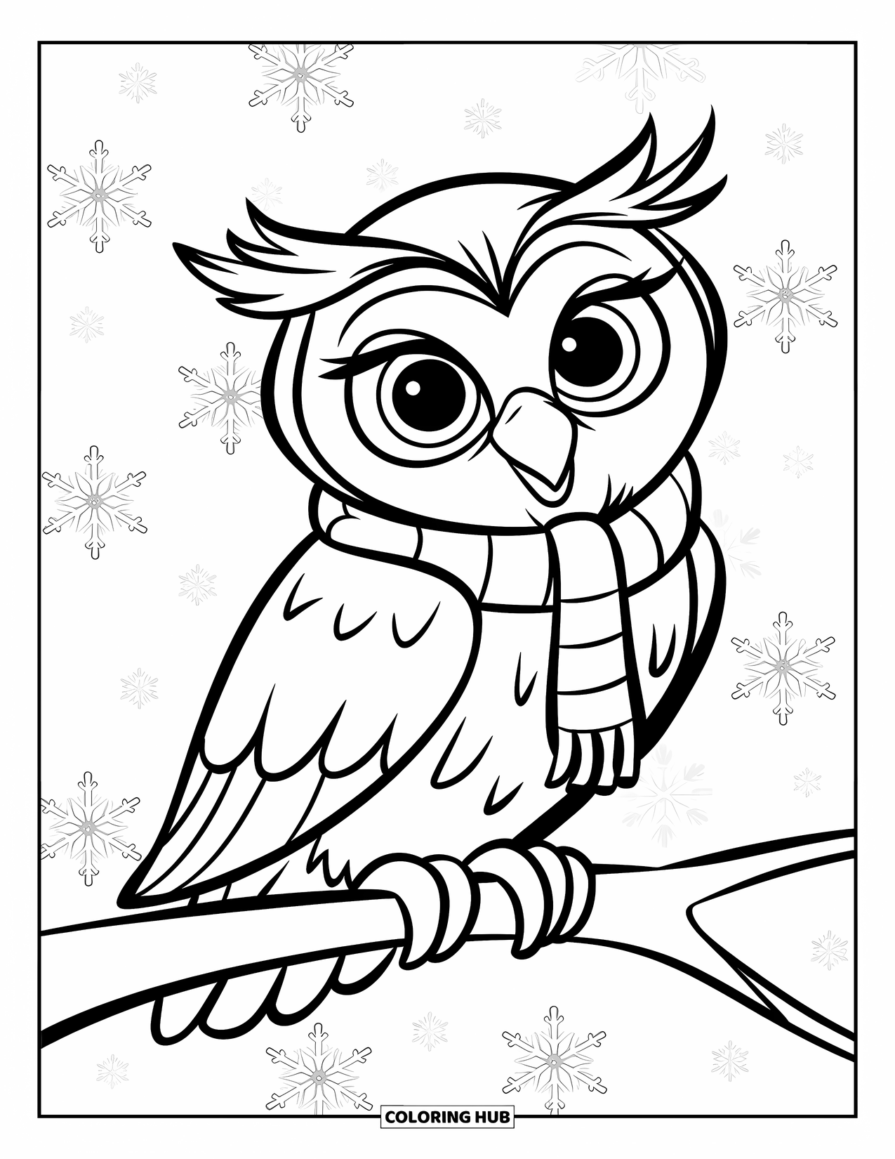 Dibujo de búho para colorear para niños: Un búho con temática invernal con una bufanda sentado en una rama con una ligera nevada a su alrededor