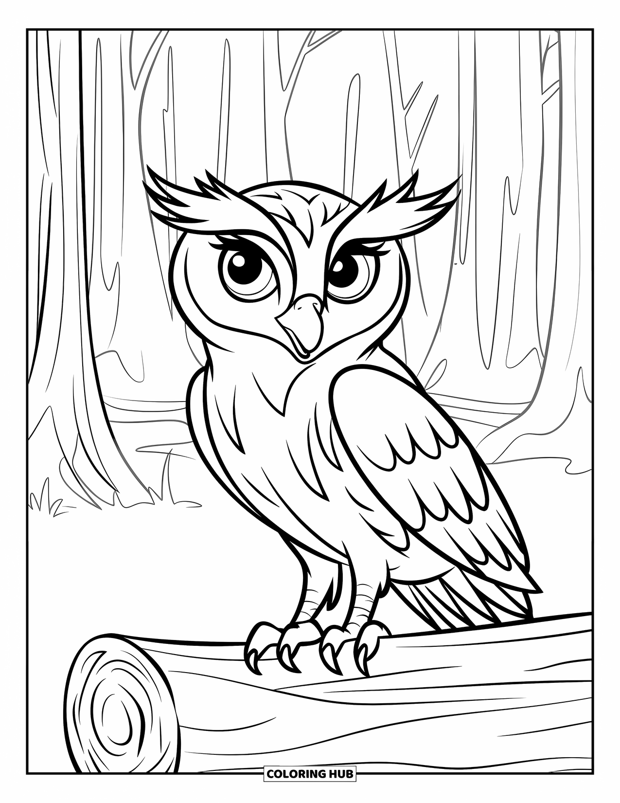 Dibujo de búho para colorear para niños: Un búho sabio posado en un tronco en un bosque sereno con grandes ojos expresivos