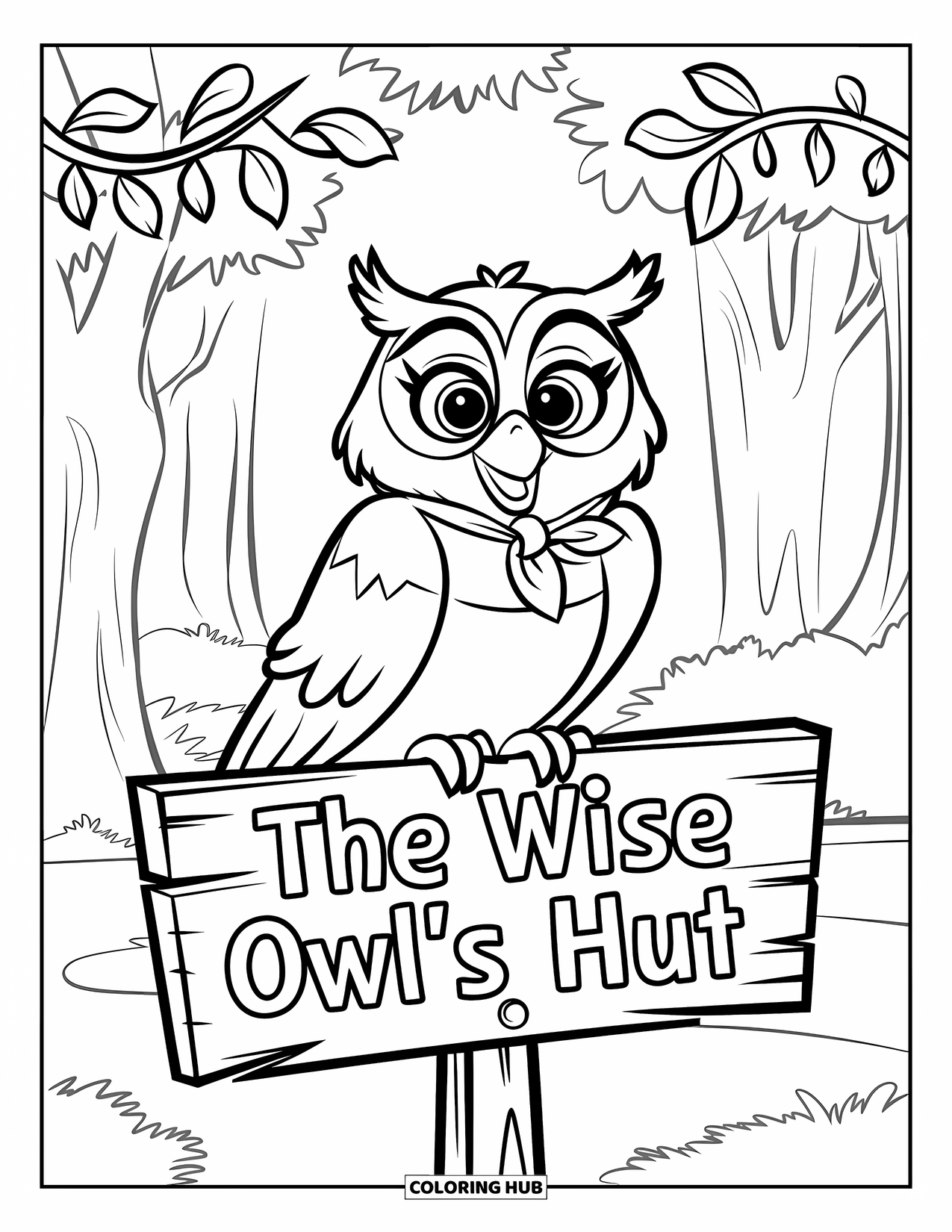 Dibujo de búho para colorear para niños: Un búho sabio con una bufanda, posado en un letrero que dice "La cabaña del búho sabio" en un bosque