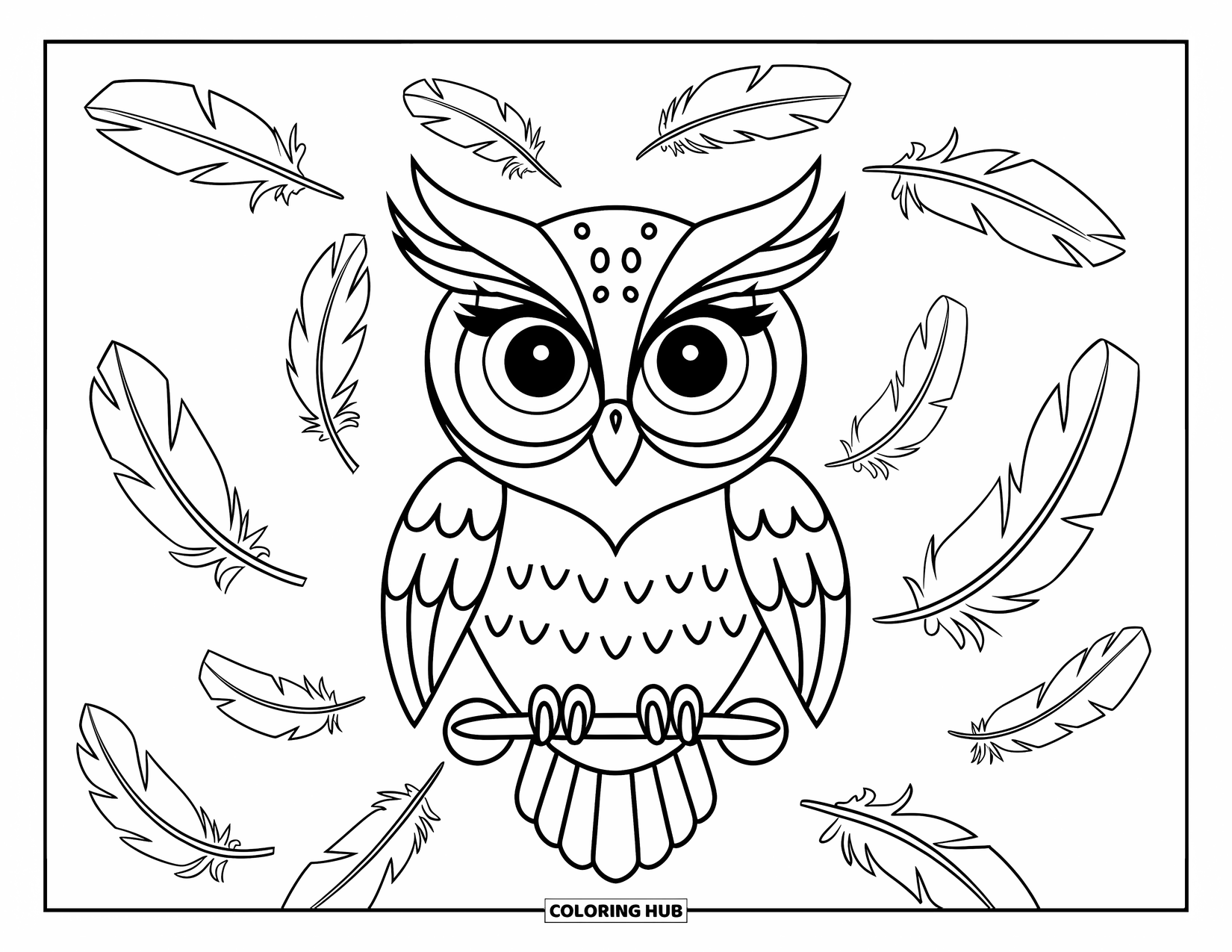 Dibujo de búho para colorear para niños: Un búho expresivo posado con plumas flotando a su alrededor, perfecto para colorear creativamente