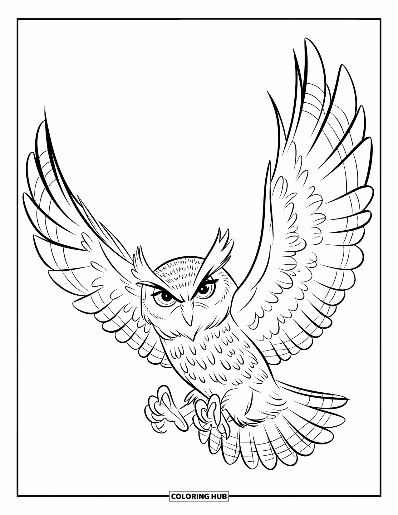 Dibujo de búho para colorear para niños: Un búho expresivo con las alas extendidas, posado contra un fondo simple