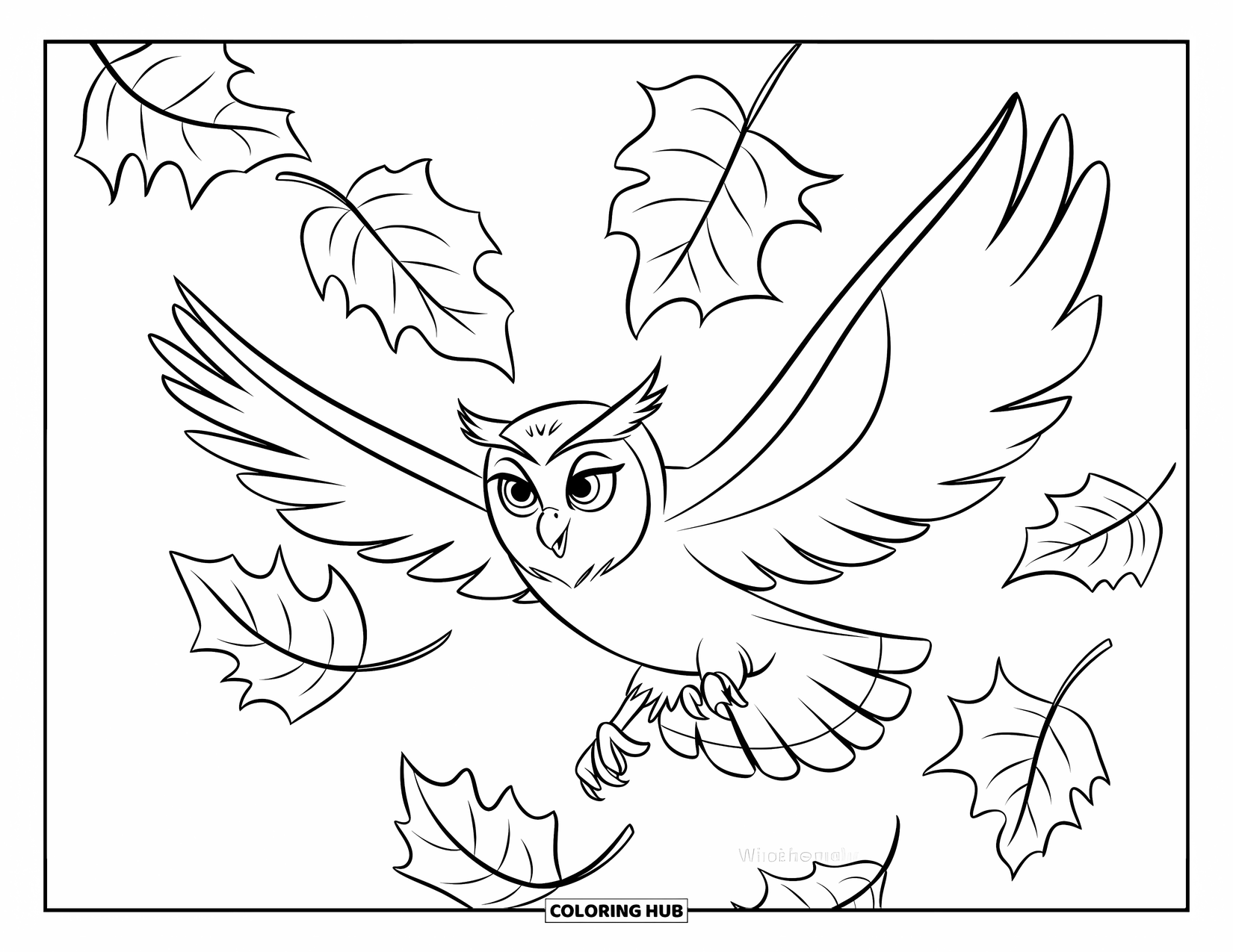 Dibujo de búho para colorear para niños: Un búho volando a través de hojas de otoño con contornos limpios, perfecto para colorear