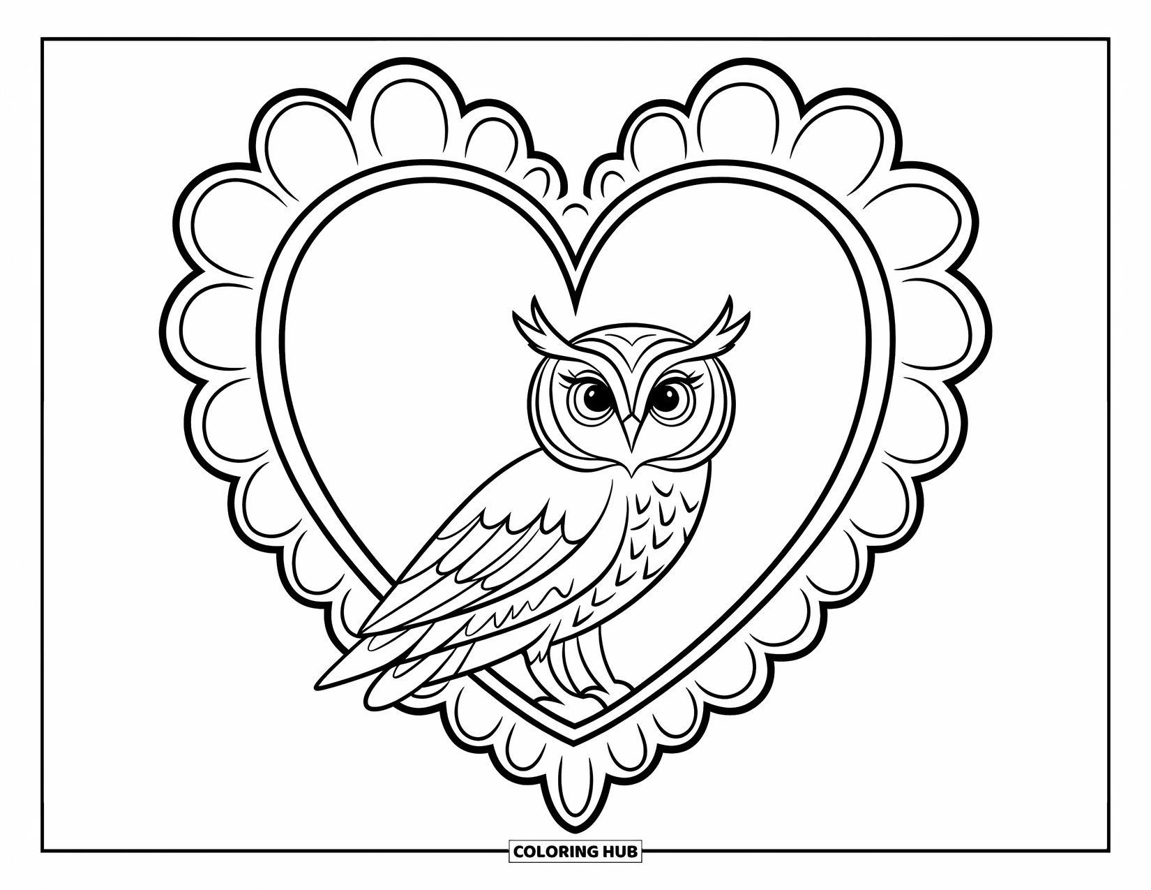 Dibujo de búho para colorear para niños: Un búho en un marco con forma de corazón con detalles ligeros de plumas y marco