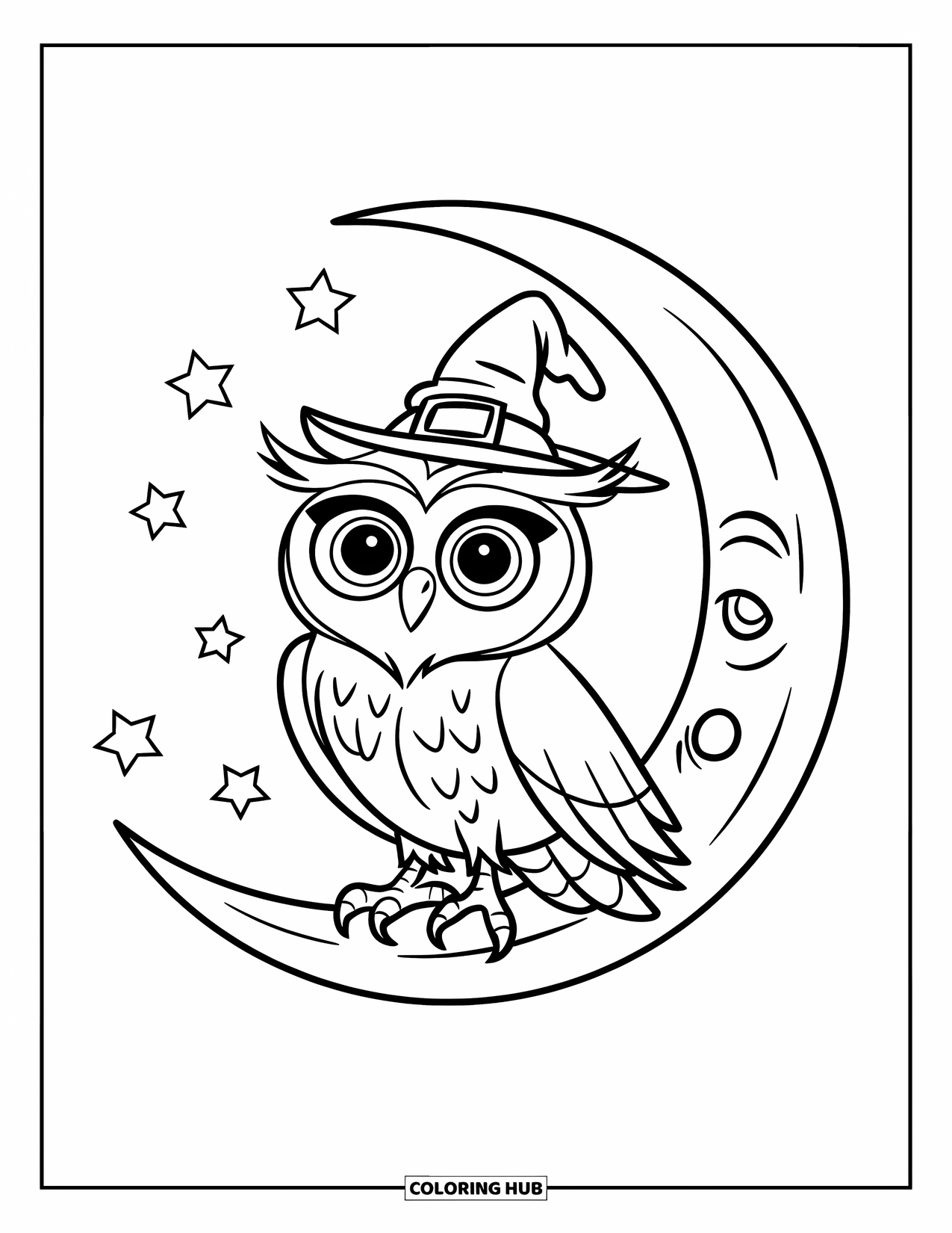 Dibujo de búho para colorear para niños: Un búho con un sombrero de mago, de pie sobre una luna creciente rodeada de estrellas