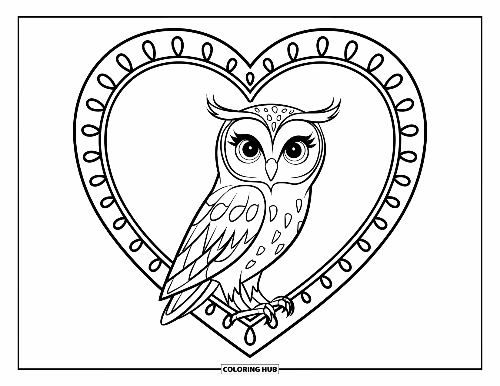 Dibujo de búho para colorear para niños: Un búho dentro de un marco con forma de corazón, con plumas ligeras y un fondo limpio y simple
