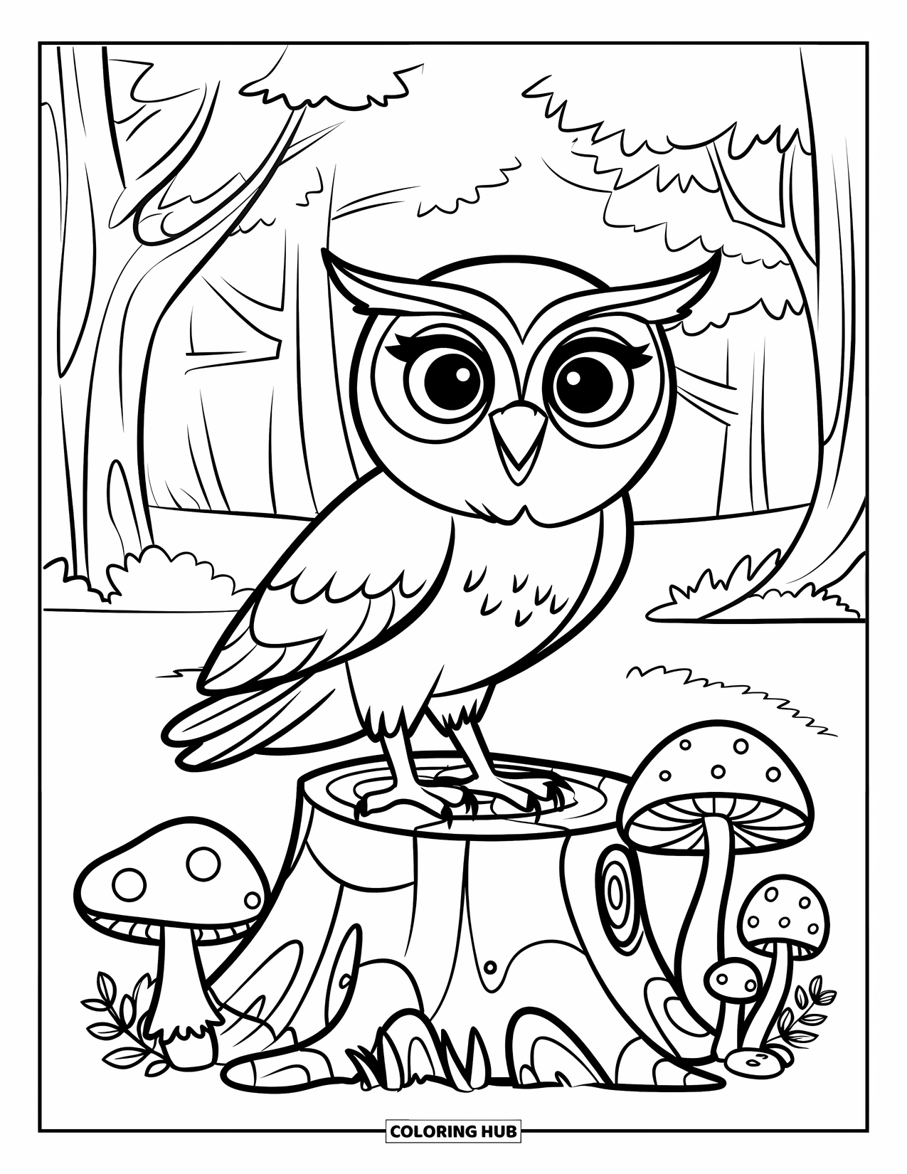 Dibujo de búho para colorear para niños: Un búho en un tocón de árbol, rodeado de champiñones y plantas, en un bosque con árboles al fondo
