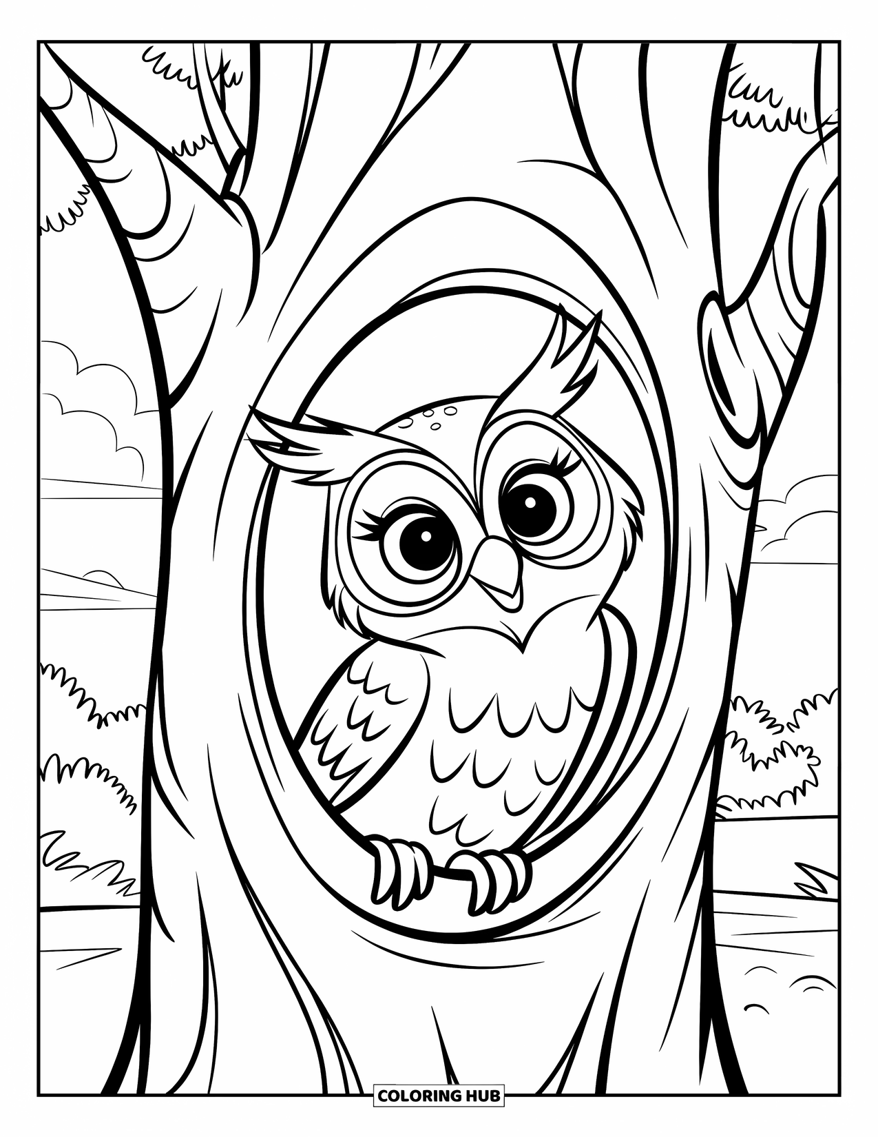 Dibujo de búho para colorear para niños: Un búho asomándose por el agujero de un árbol, posado en una rama, con un cielo despejado arriba