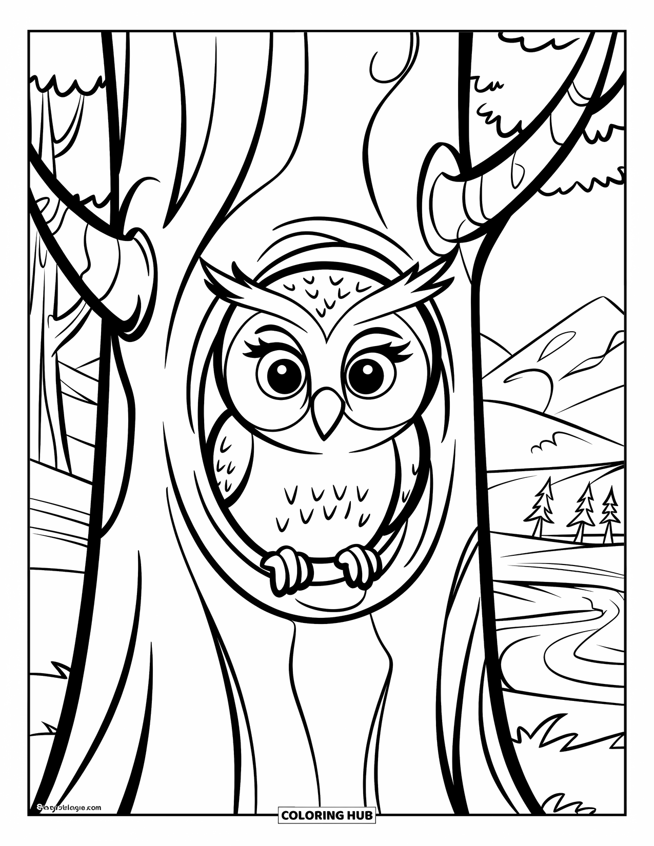 Dibujo de búho para colorear para niños: Un búho asomándose por el agujero de un árbol con un cuerpo redondo y un paisaje sereno