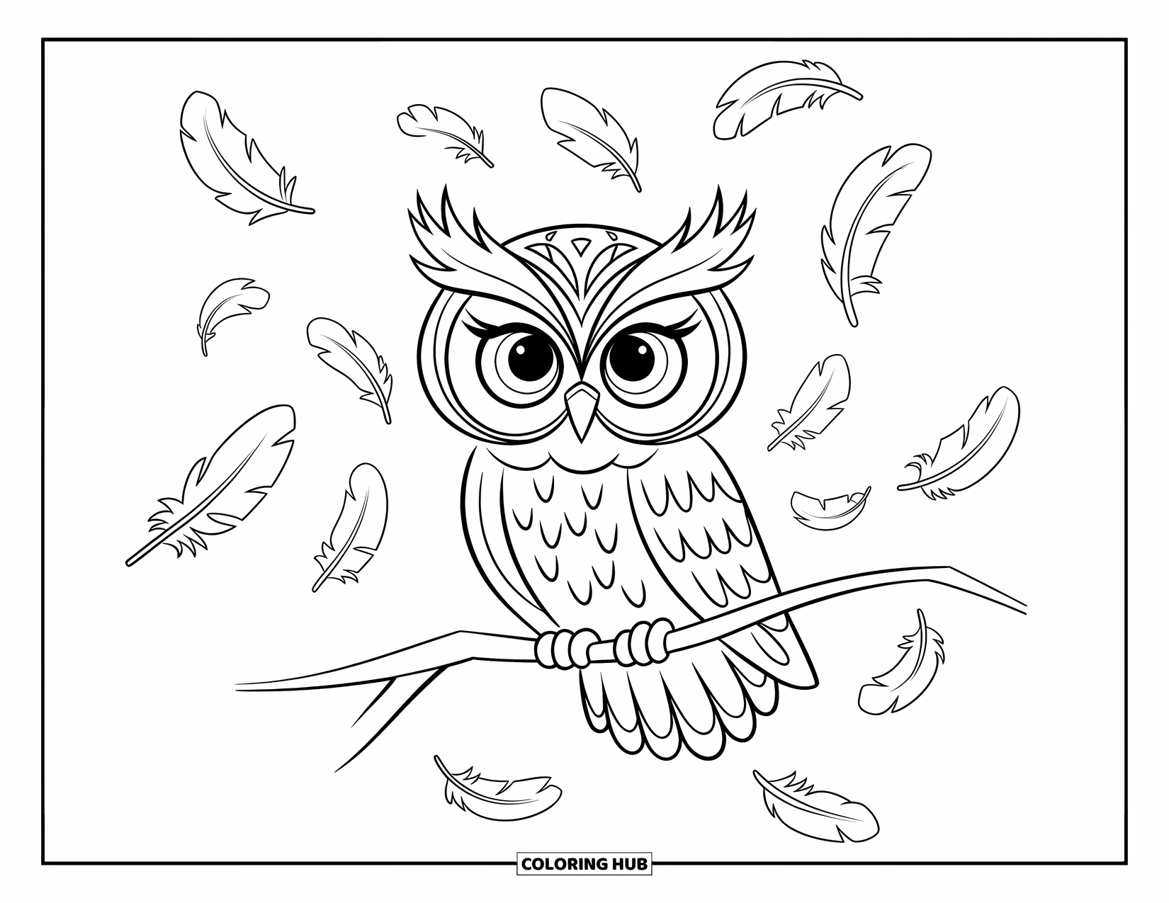 Dibujo de búho para colorear para niños: Un búho posado en una rama, rodeado de plumas flotantes con ojos expresivos