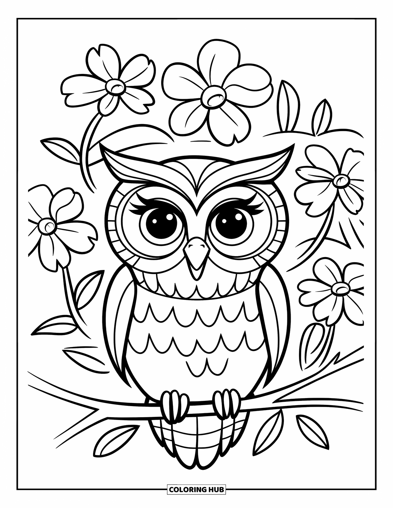 Dibujo de búho para colorear para niños: Un búho posado en una rama rodeada de flores, con pétalos delicados y un fondo simple