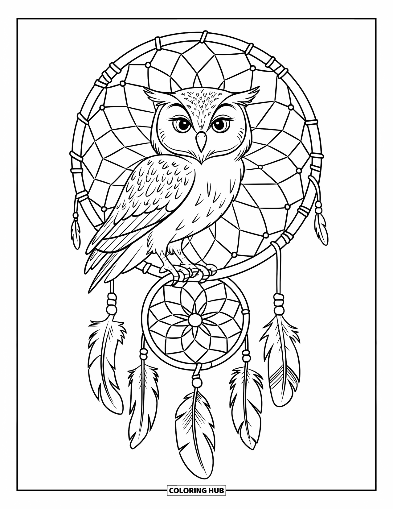 Dibujo de búho para colorear para niños: Un búho posado en un atrapasueños, con ojos grandes y una red tejida decorada con cuentas