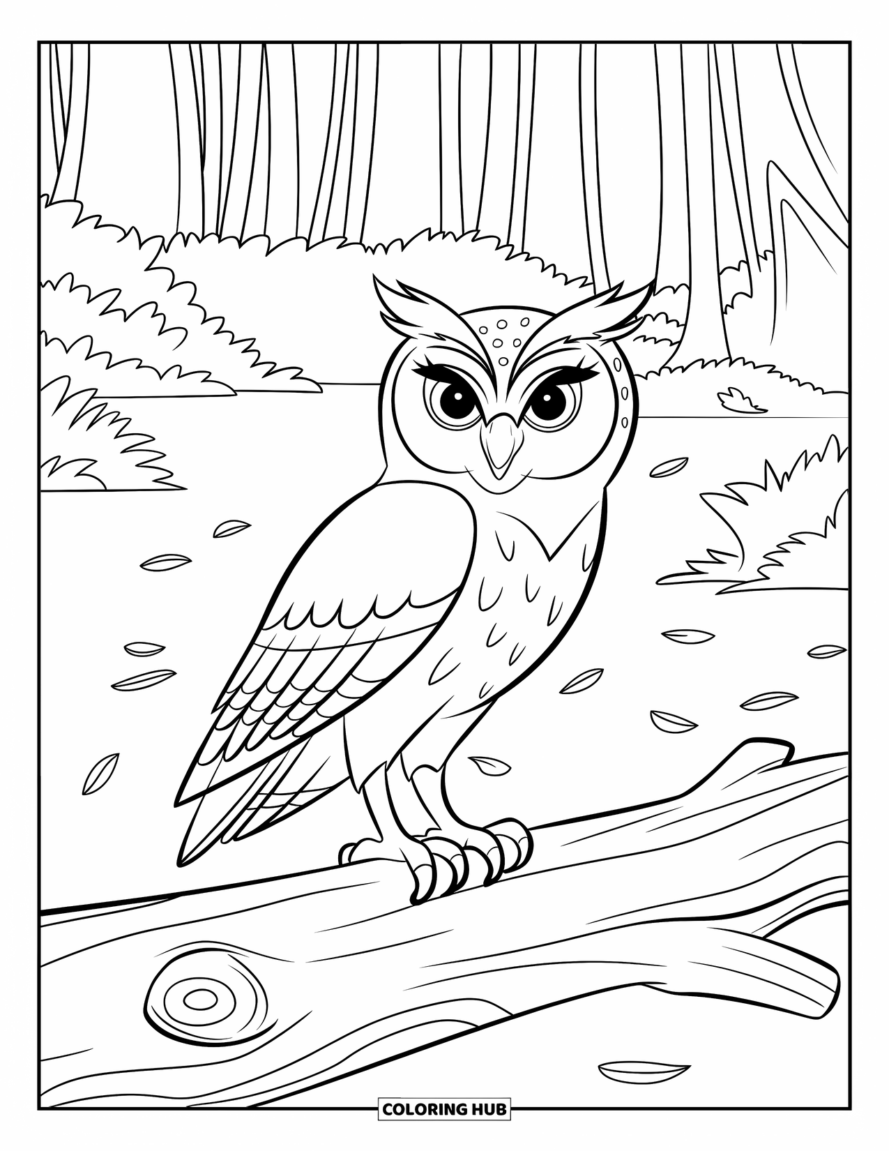 Dibujo de búho para colorear para niños: Un búho posado en un tronco caído con un fondo de bosque, rodeado de hojas pequeñas