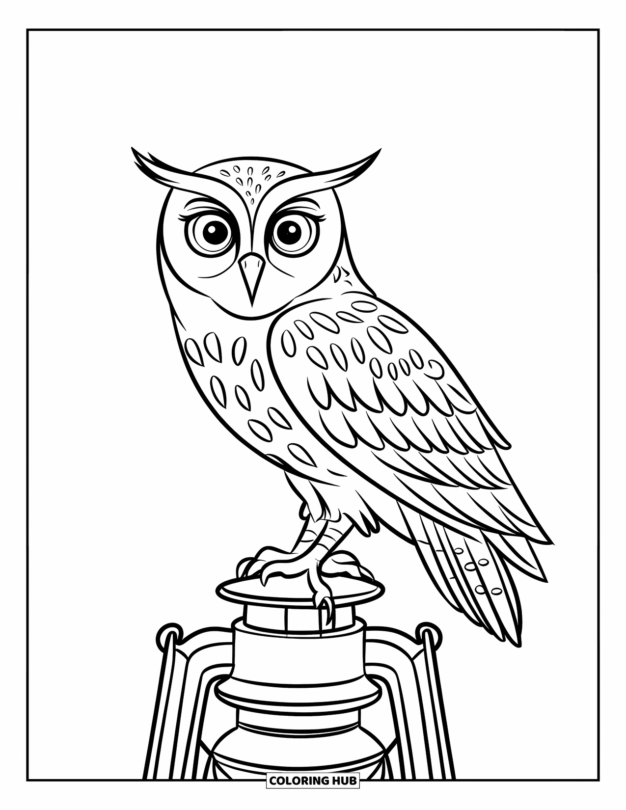 Dibujo de búho para colorear para niños: Un búho posado en una linterna antigua, con ojos grandes y diseños detallados de la linterna