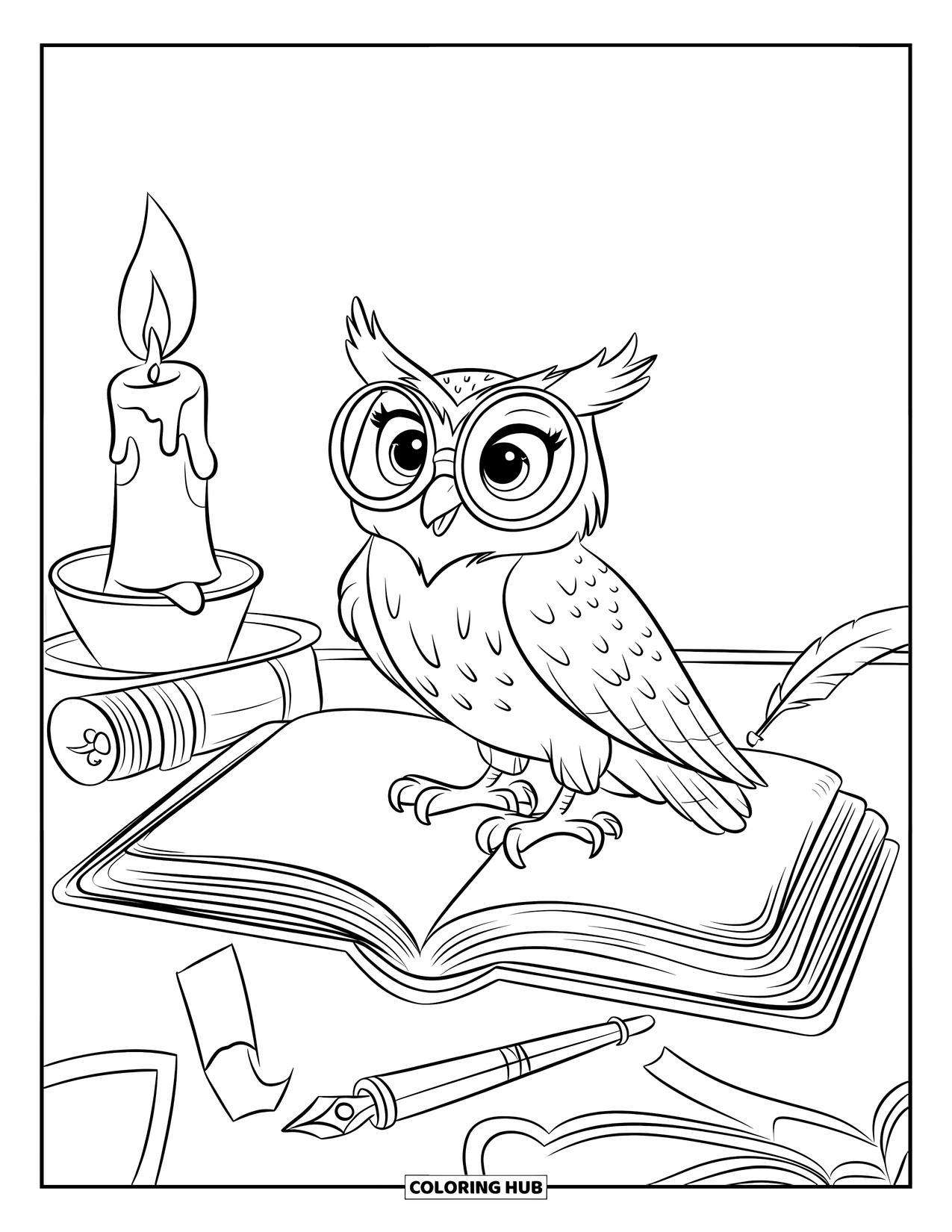 Dibujo de búho para colorear para niños: Un búho posado en un libro abierto con gafas, una vela y un bolígrafo al lado