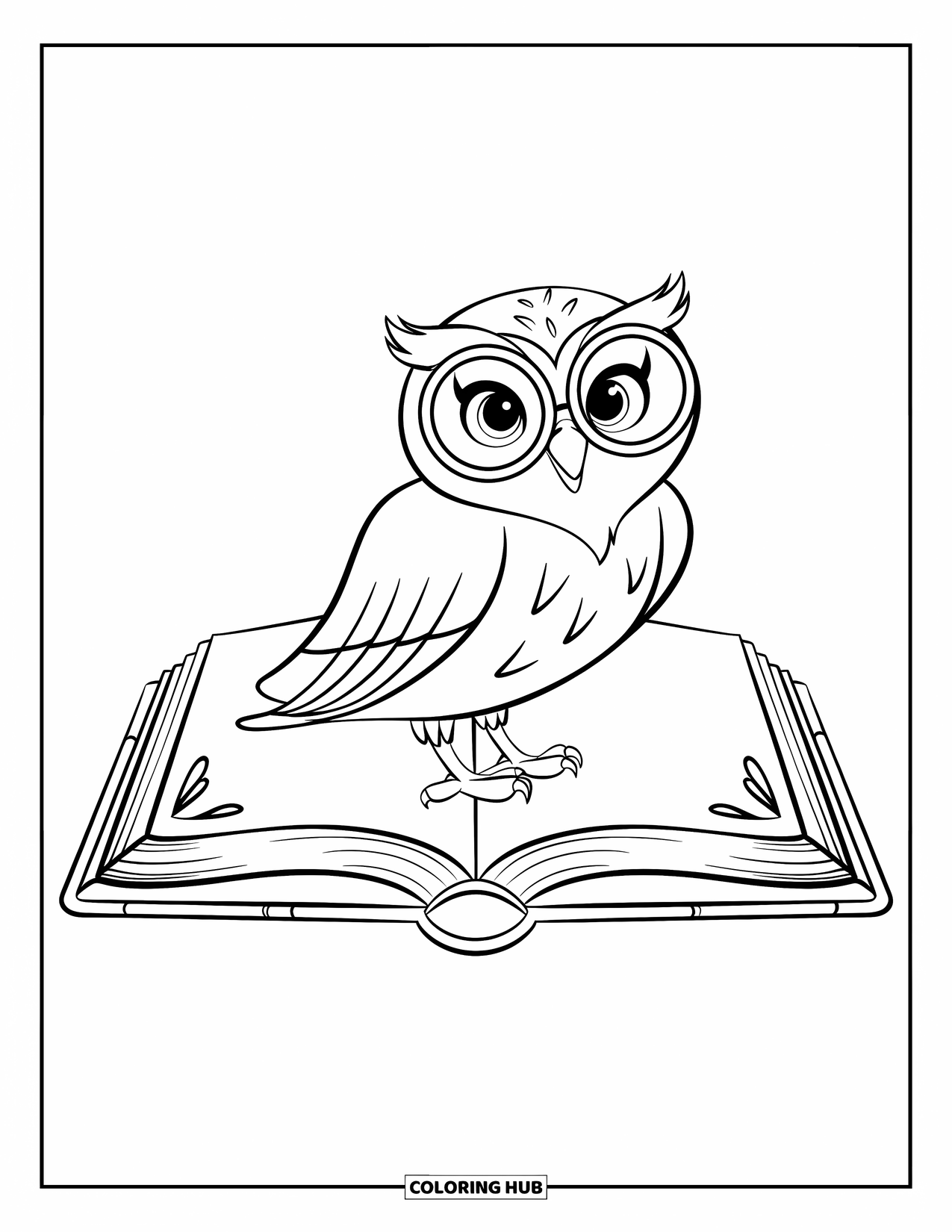 Dibujo de búho para colorear para niños: Un búho posado en un libro abierto con gafas y elementos decorativos