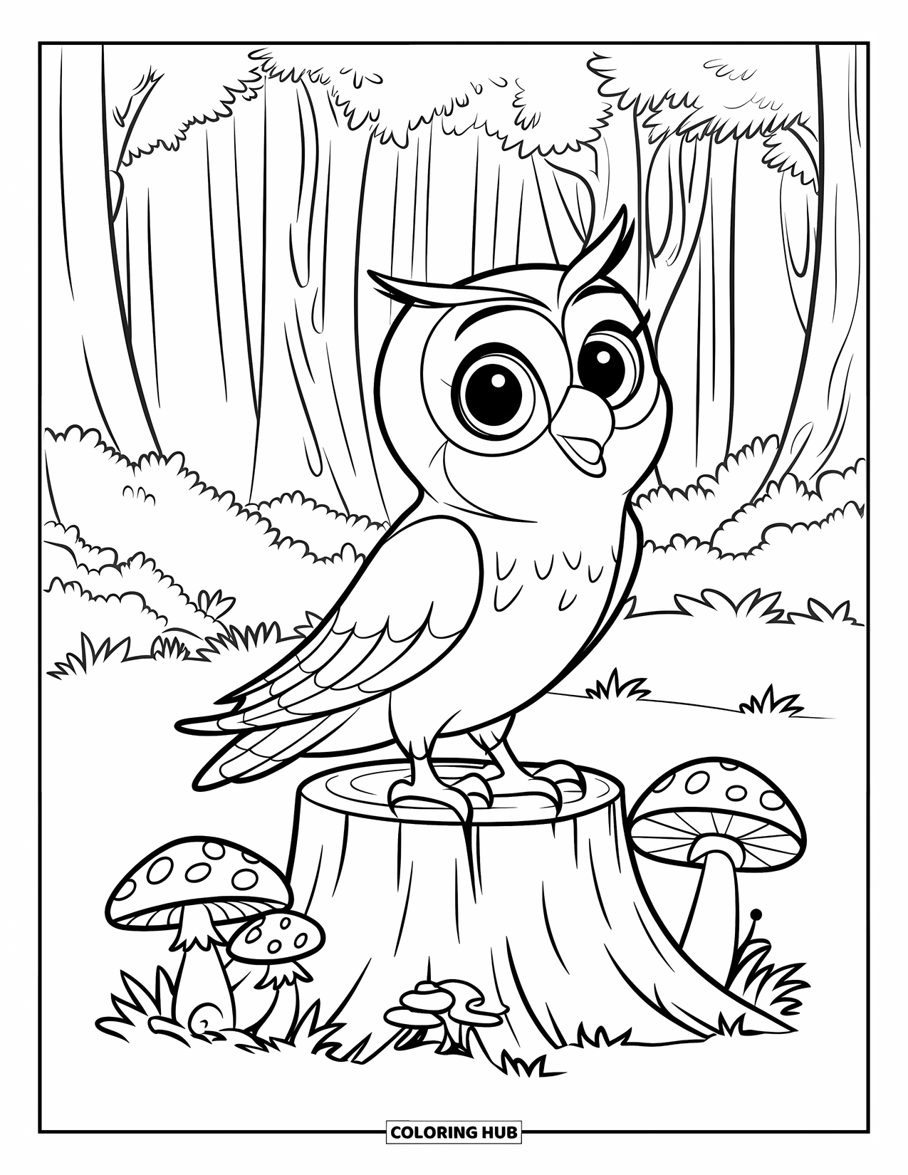 Dibujo de búho para colorear para niños: Un búho de pie sobre un tocón de árbol con un ojo bien abierto, rodeado de champiñones en un bosque