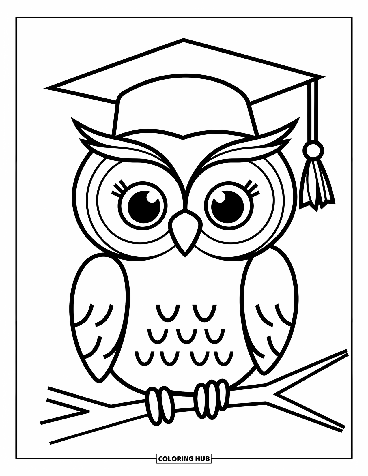 Dibujo de búho para colorear para niños: Un búho con un birrete de graduación, posado en una rama con rasgos sencillos