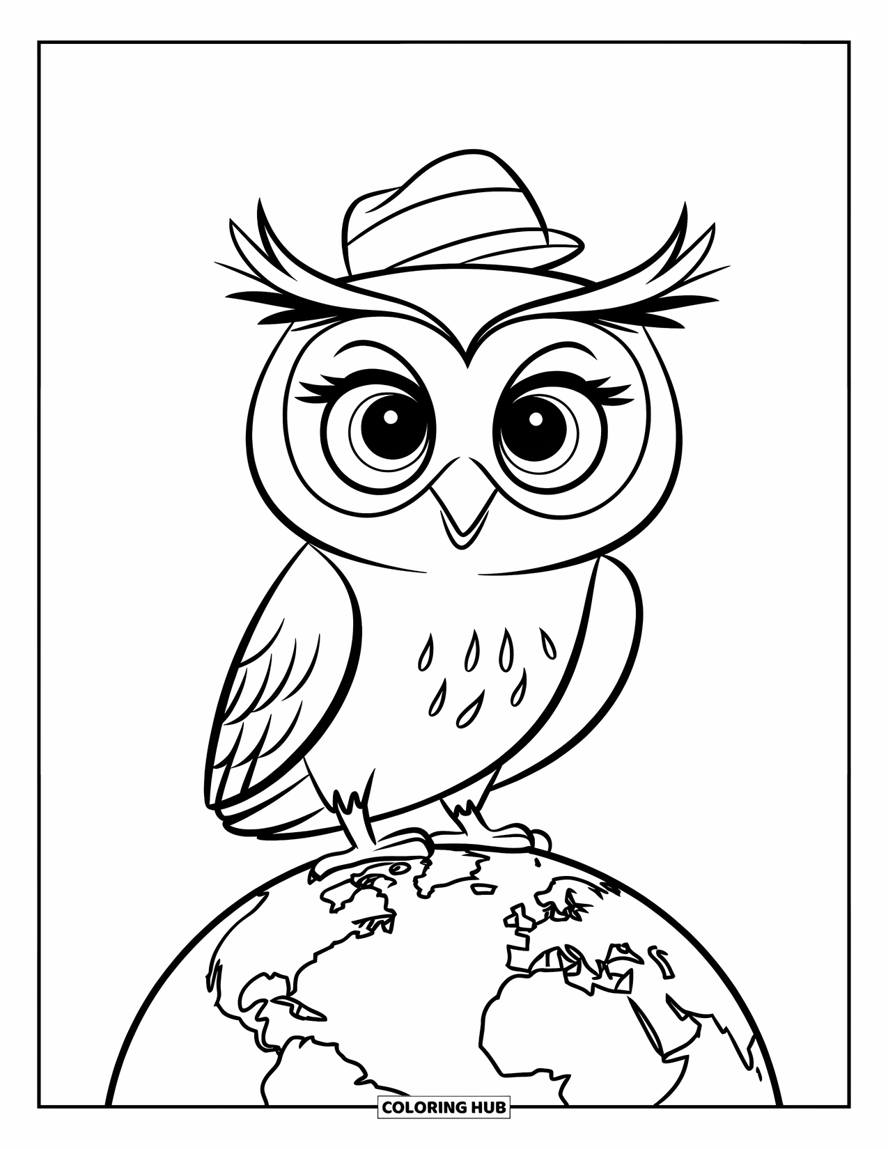 Dibujo de búho para colorear para niños: Un búho con un sombrero, de pie sobre un globo terráqueo con continentes, rodeado de un fondo limpio