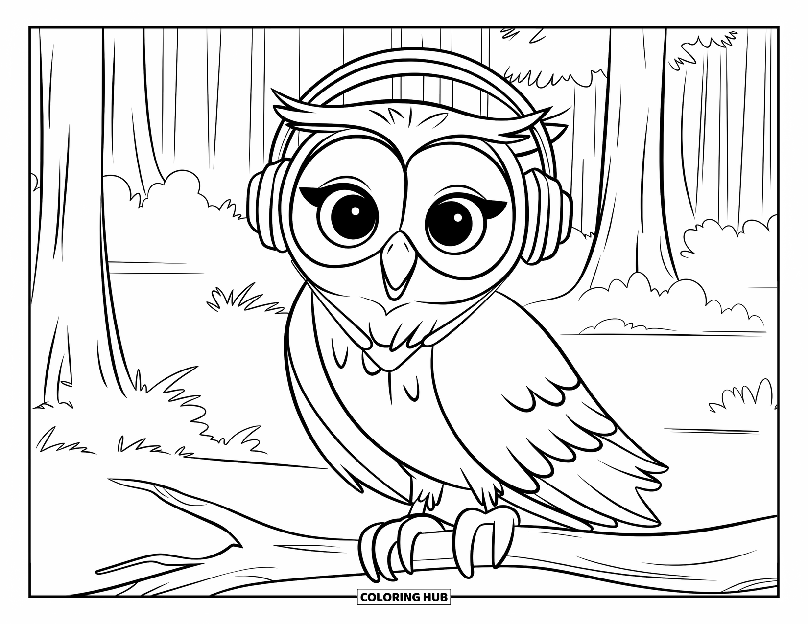 Dibujo de búho para colorear para niños: Un búho con auriculares, posado en una rama en un bosque sereno con árboles altos