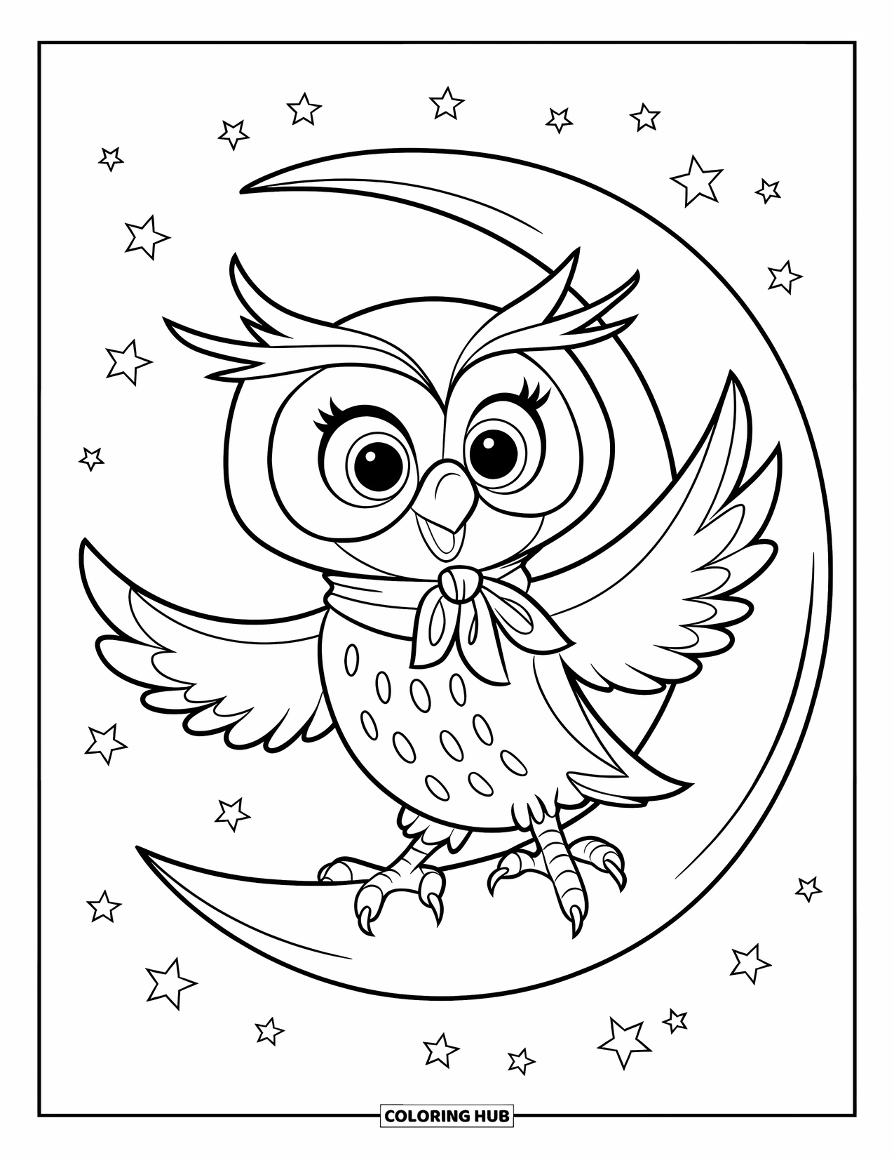 Dibujo de búho para colorear para niños: Un búho con una bufanda roja, de pie sobre una luna creciente con las alas extendidas