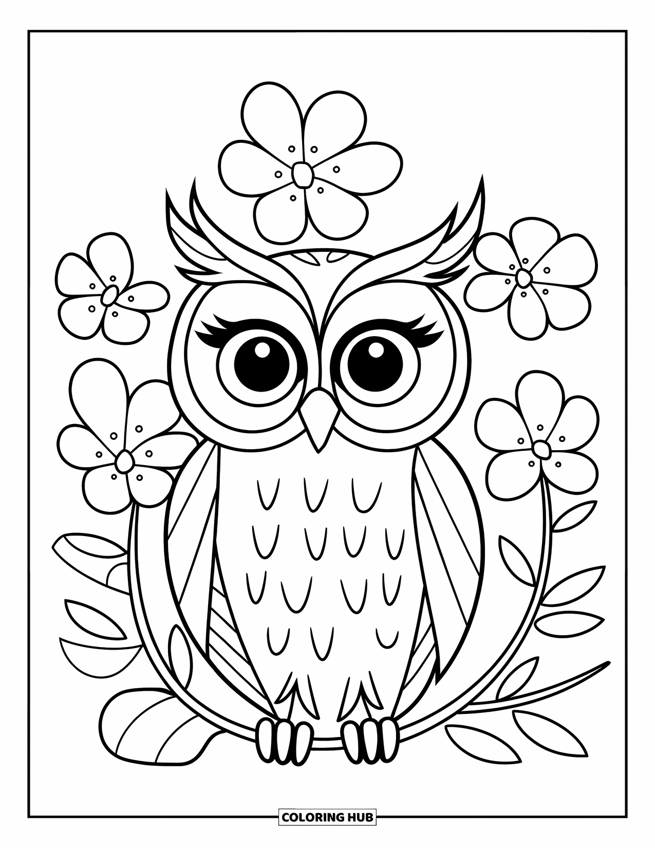 Dibujo de búho para colorear para niños: Un búho con una textura de plumas simple, ojos grandes, posado en una rama rodeada de flores