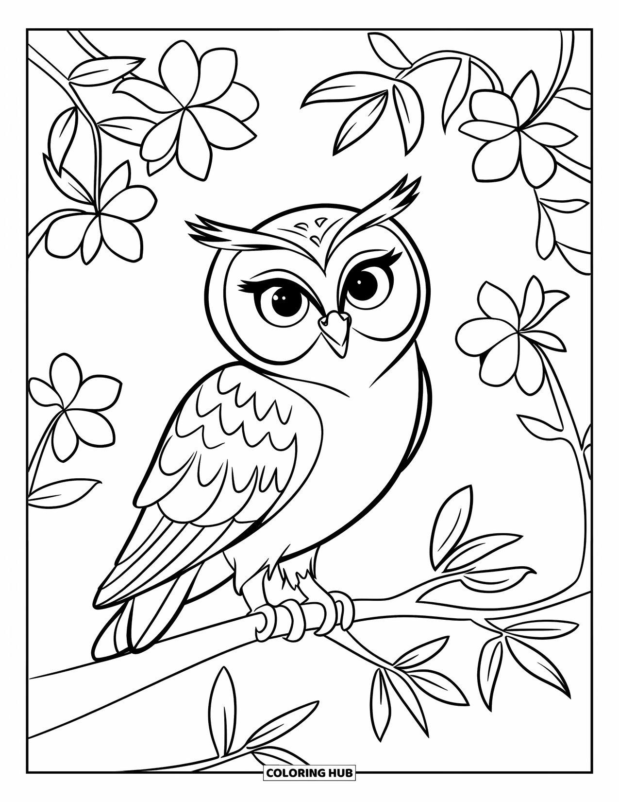 Dibujo de búho para colorear para niños: Un búho con una textura de plumas simple, posado en una rama rodeada de flores y contornos limpios