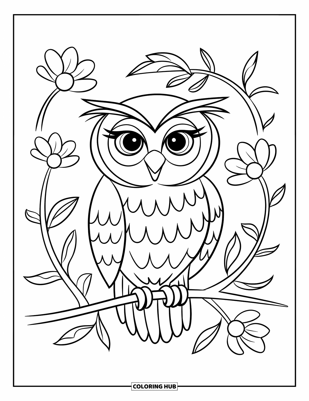Dibujo de búho para colorear para niños: Un búho con una textura de plumas simple, posado en una rama rodeada de flores con detalles ligeros de pétalos