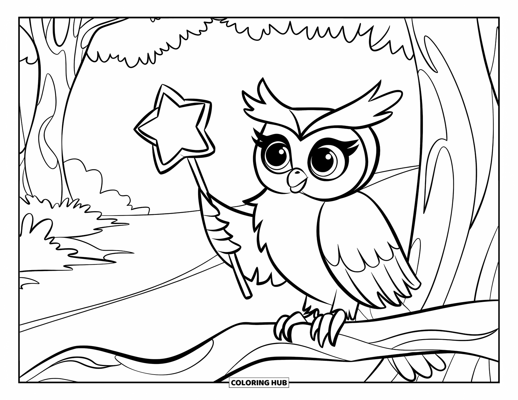 Dibujo de búho para colorear para niños: Un búho con una varita de estrella, posado en una rama en un bosque sereno con árboles y un camino
