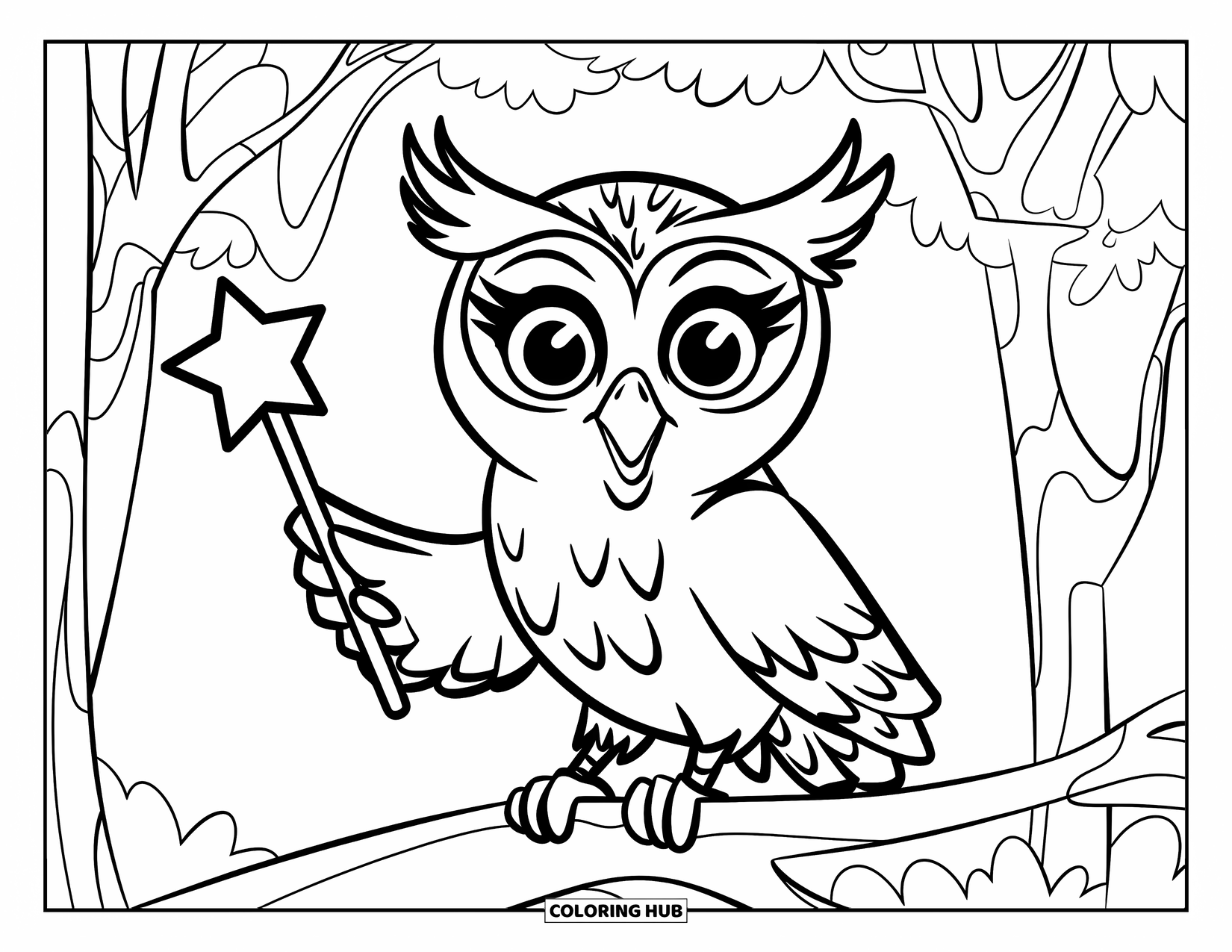 Dibujo de búho para colorear para niños: Un búho con grandes ojos expresivos sosteniendo una varita de estrella, posado en una rama en un bosque