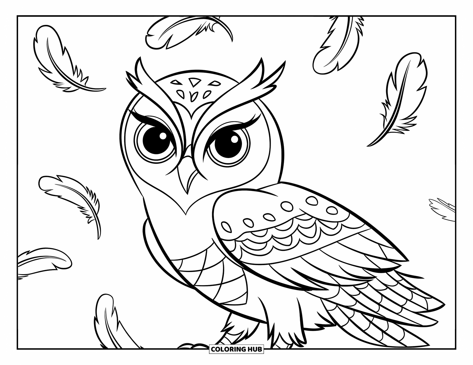 Dibujo de búho para colorear para niños: Un búho con plumas estampadas, rodeado de plumas flotantes