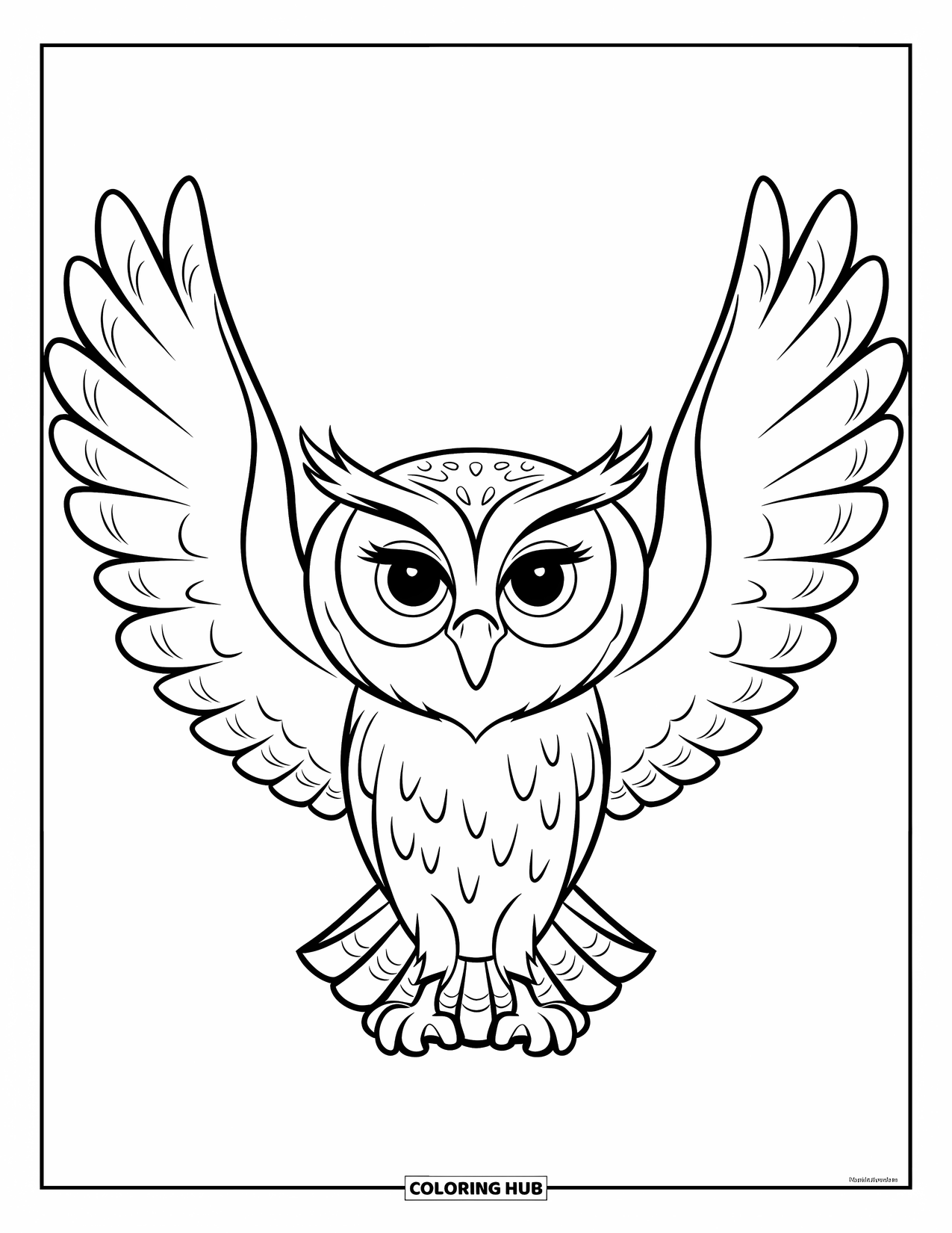 Dibujo de búho para colorear para niños: Un búho con alas extendidas, diseñado con formas grandes y suaves y detalles mínimos