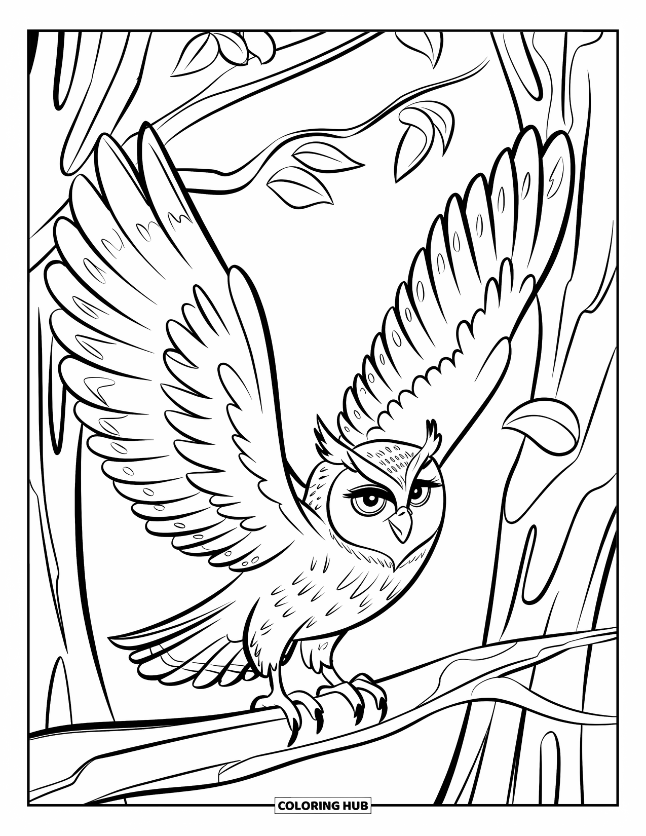 Dibujo de búho para colorear para niños: Un búho con las alas extendidas, posado en una rama con hojas al fondo