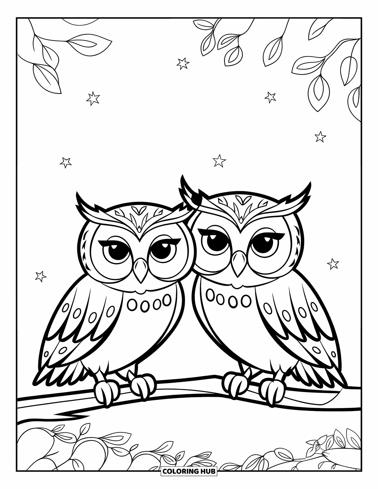 Dibujo de búho para colorear para niños: Dos búhos con alas detalladas, sentados en una rama con algunas estrellas en el cielo