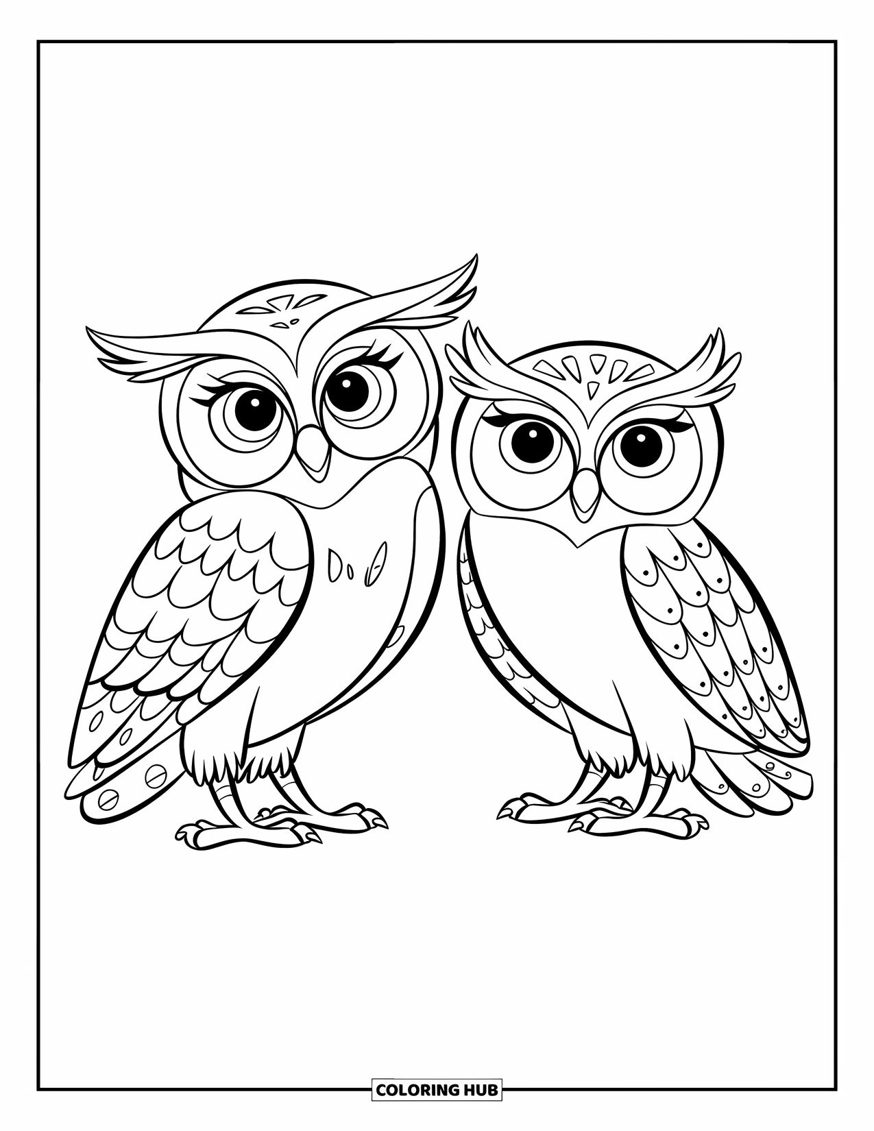 Dibujo de búho para colorear para niños: Dos búhos con ojos grandes y expresivos, uno al lado del otro, posados en una rama bajo un cielo estrellado