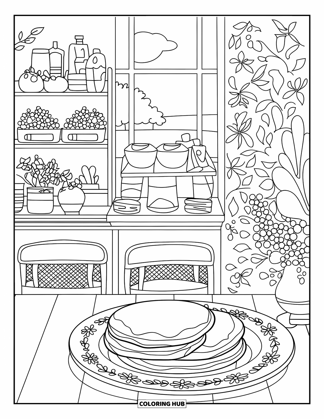 Coloriage de crêpe pour adultes : Un café avec des étagères remplies d’ingrédients de pâtisserie et une assiette de crêpes près de la fenêtre