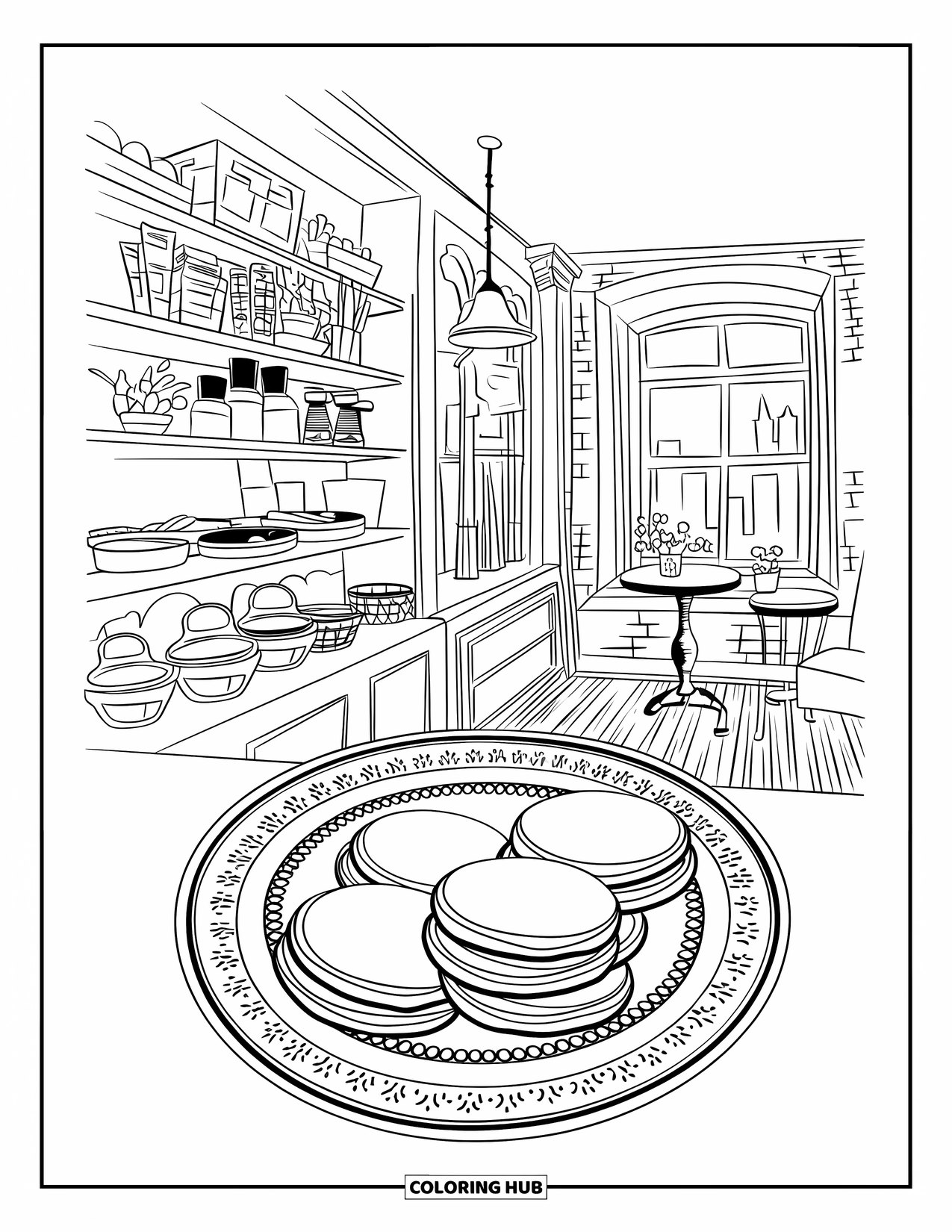 Coloriage de crêpe pour adultes : Un charmant café avec une assiette de crêpes décorative et une fenêtre donnant sur une ville