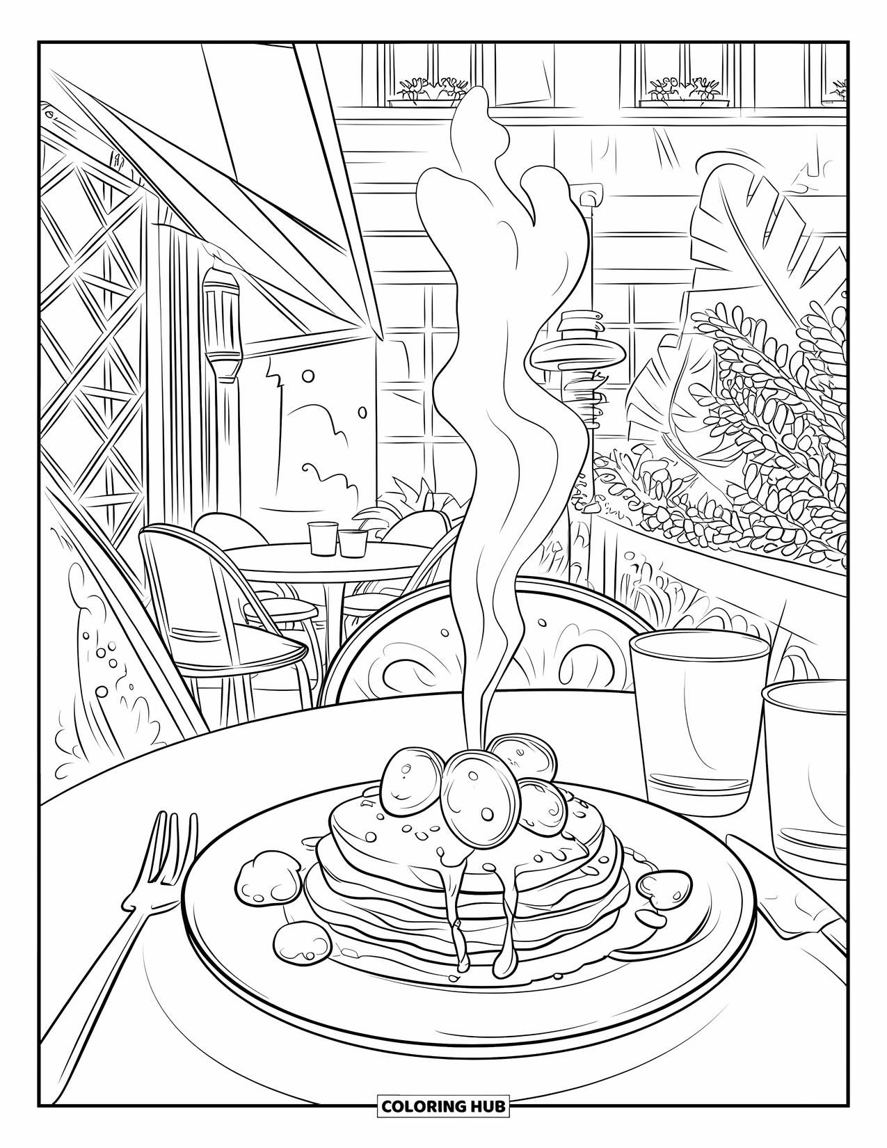 Coloriage de crêpe pour adultes : Un charmant café en plein air avec une assiette fumante de crêpes sur la table
