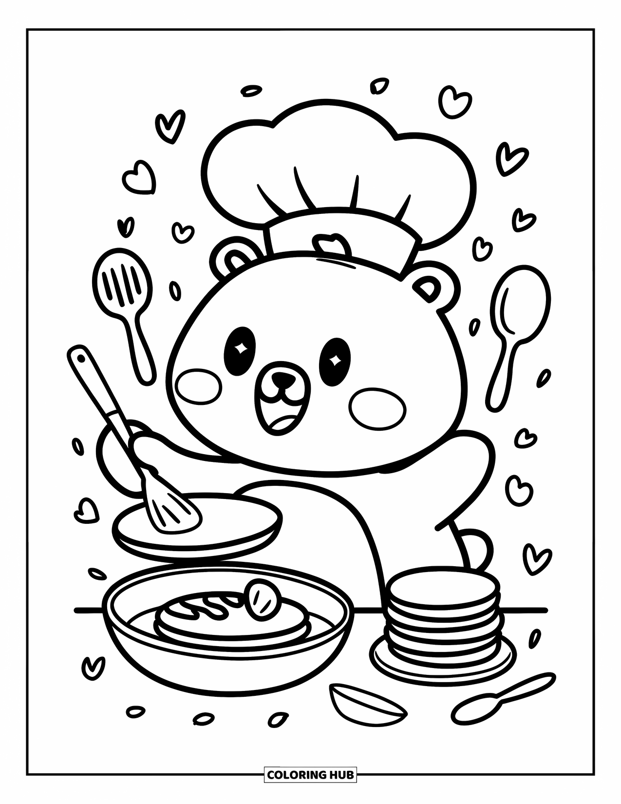 Coloriage de crêpe pour adultes : Un ours potelé avec un mini-chapeau de chef faisant sauter une crêpe, avec une assiette de crêpes à proximité
