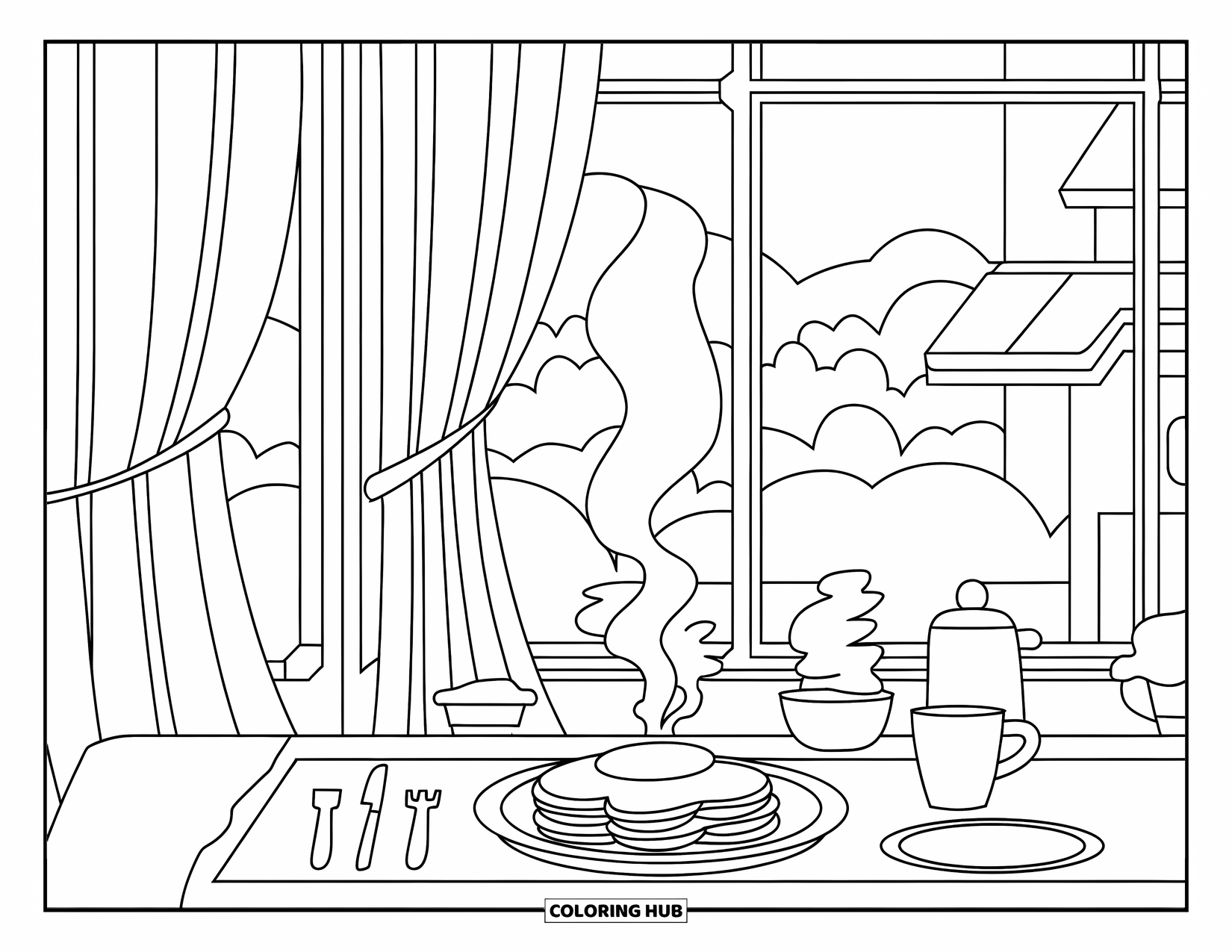 Coloriage de crêpe pour adultes : Une table de petit-déjeuner chaleureuse près d’une fenêtre avec des crêpes, du café et une vue paisible sur l’extérieur