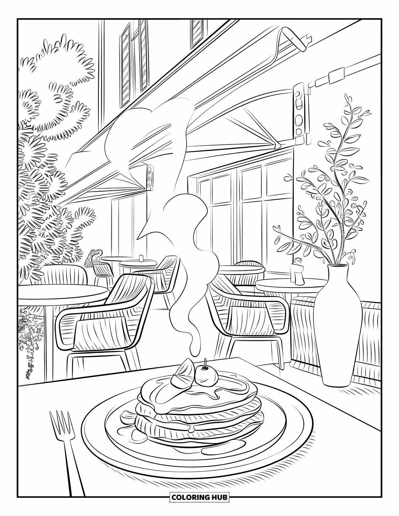 Coloriage de crêpe pour adultes : Une table de café chaleureuse avec des crêpes, du café et des plantes vertes à proximité