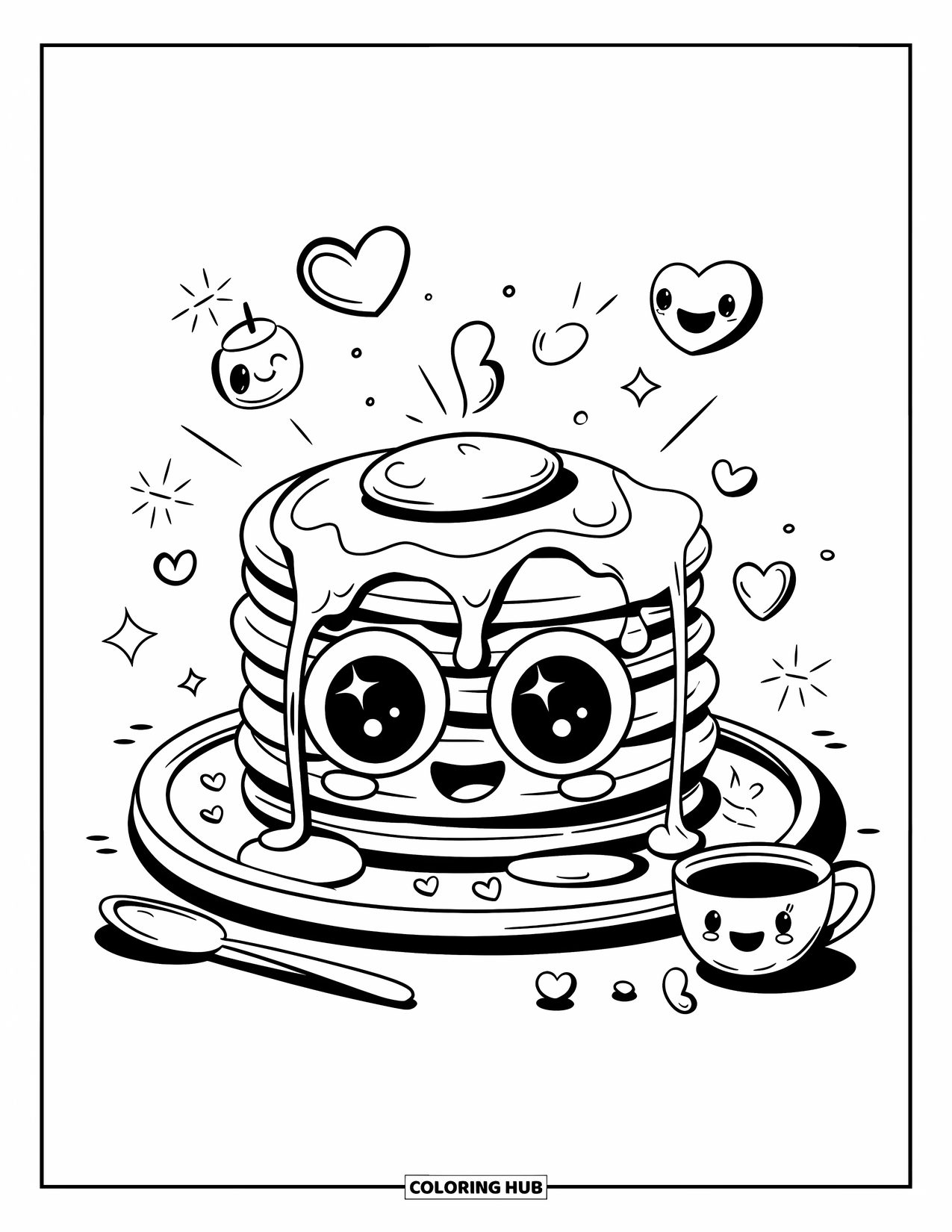 Coloriage de crêpe pour adultes : Une jolie pile de crêpes avec des yeux étincelants, entourée de minuscules cœurs, d’étoiles et d’ustensiles