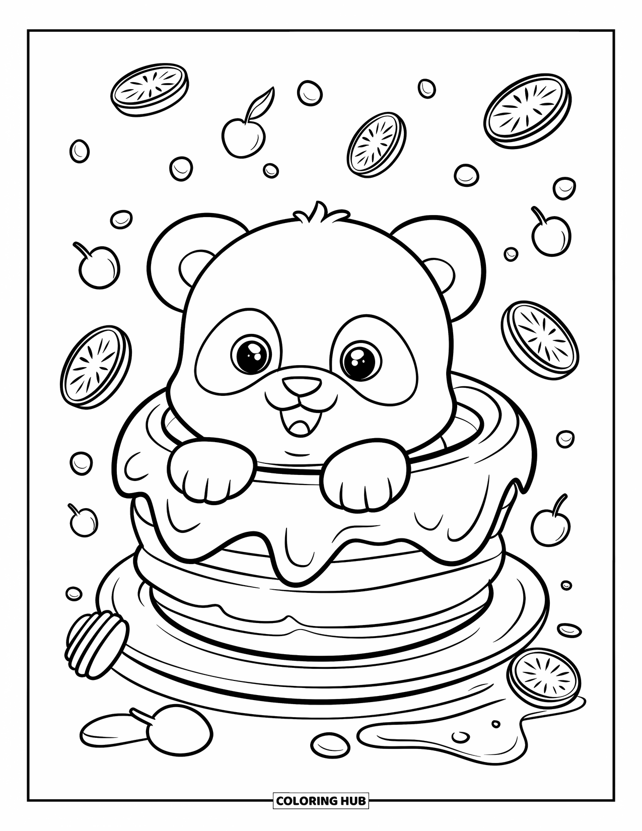 Coloriage de crêpe pour adultes : Un panda mignon niché dans une crêpe géante, entouré de manière ludique de tranches de fruits flottantes