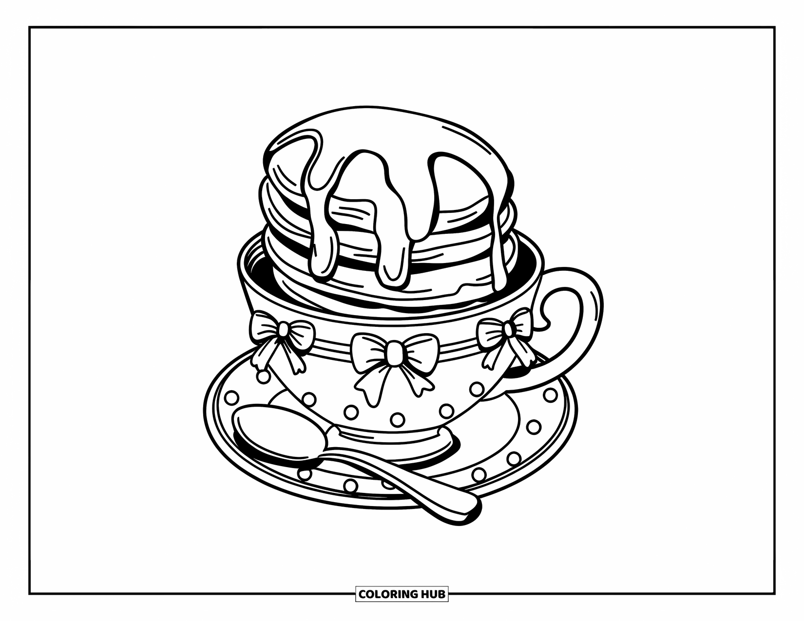 Coloriage de crêpe pour adultes : Une délicate tasse de thé remplie d’une petite pile de crêpes, décorée de nœuds et de pois